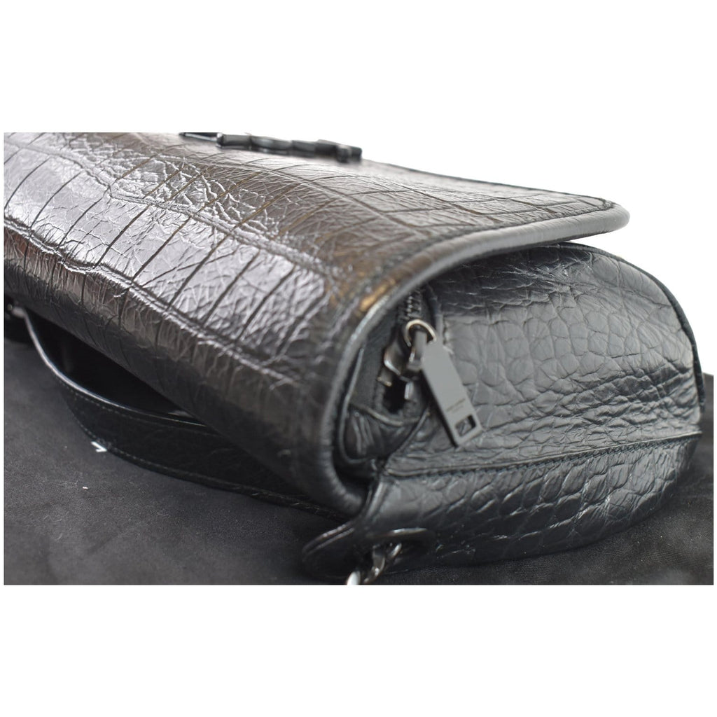 YVES SAINT LAURENT Niki Croc Embossed Leather Shoulder Bag Black
