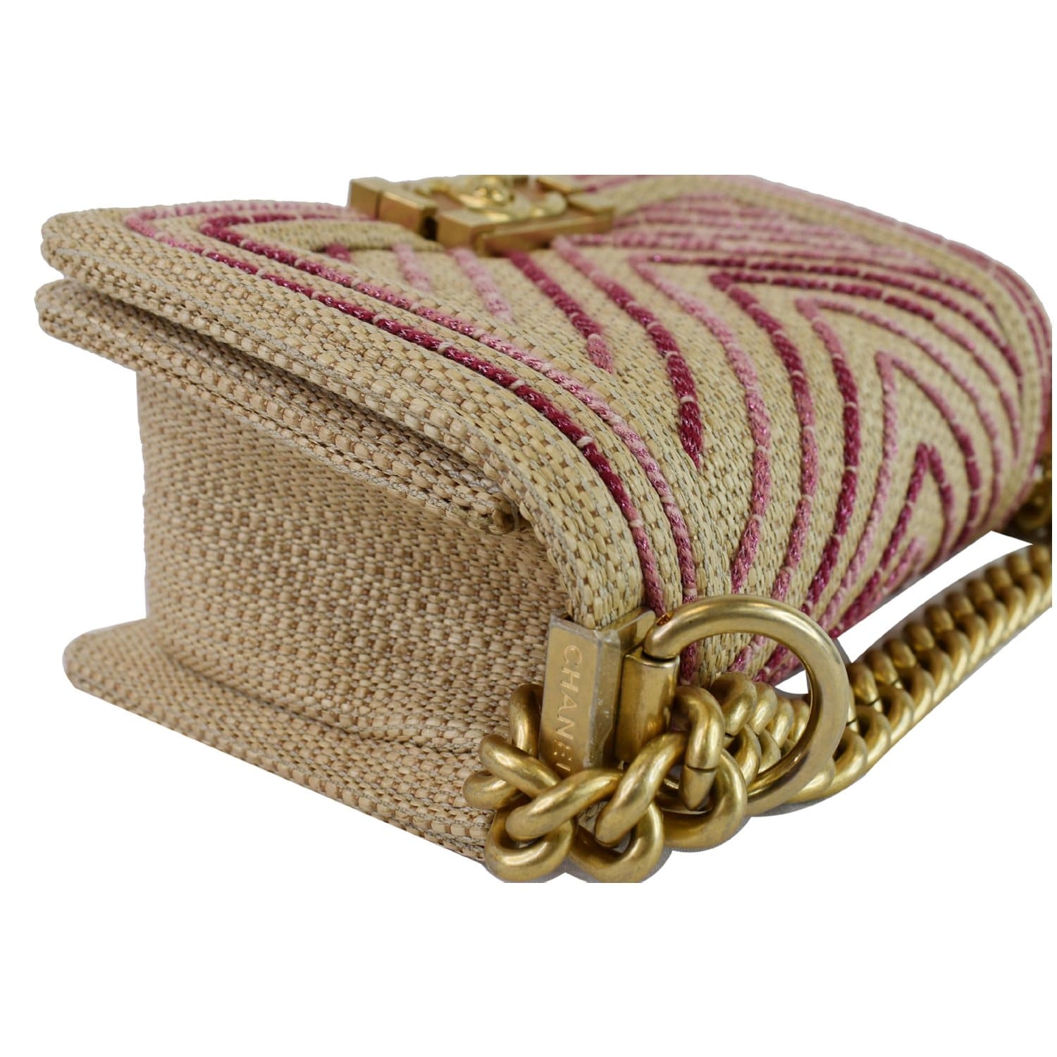 CHANEL Small Boy Chevron Cotton Mixed Fibers Shoulder Bag Pink