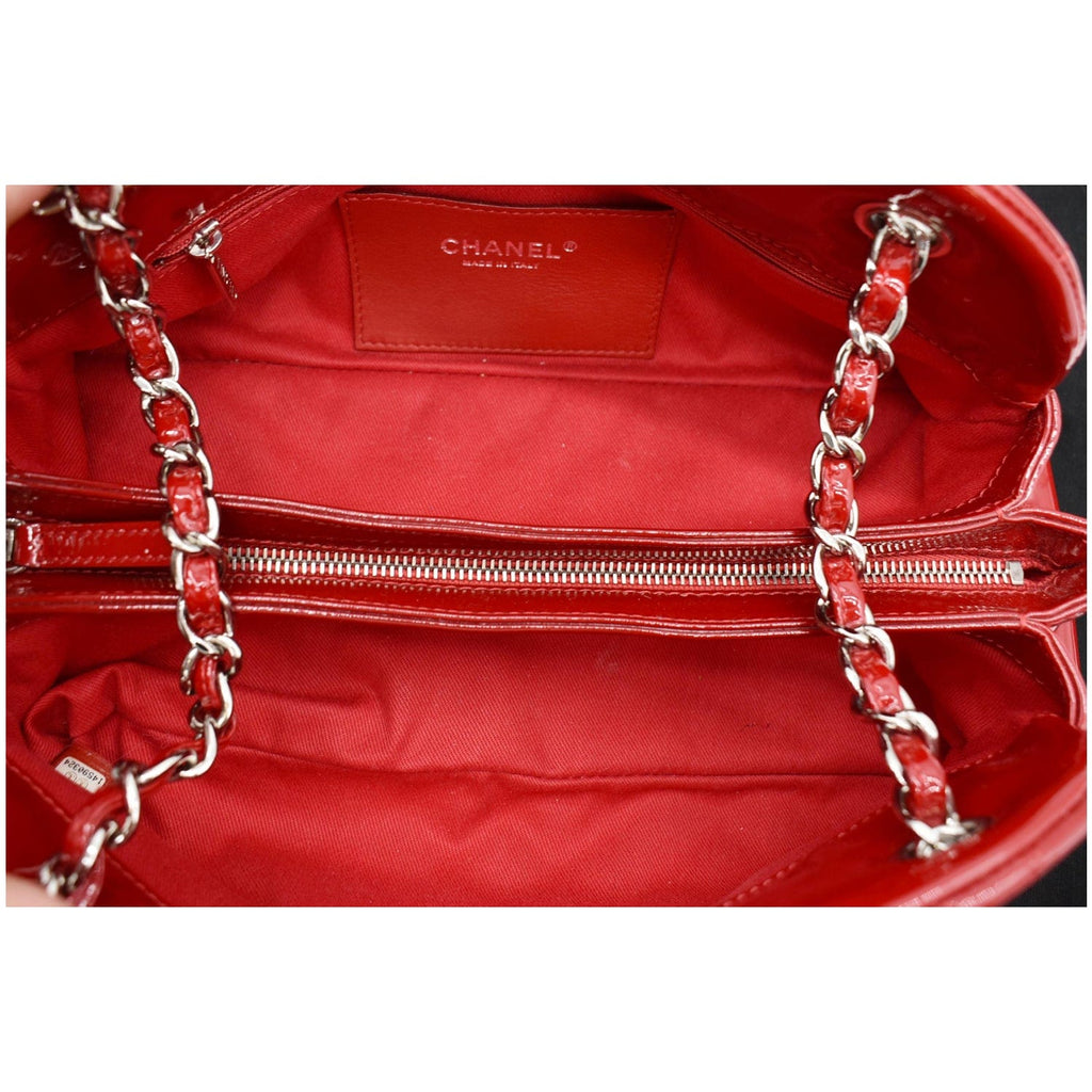CHANEL Just Mademoiselle Patent Leather Bowling Bag Red