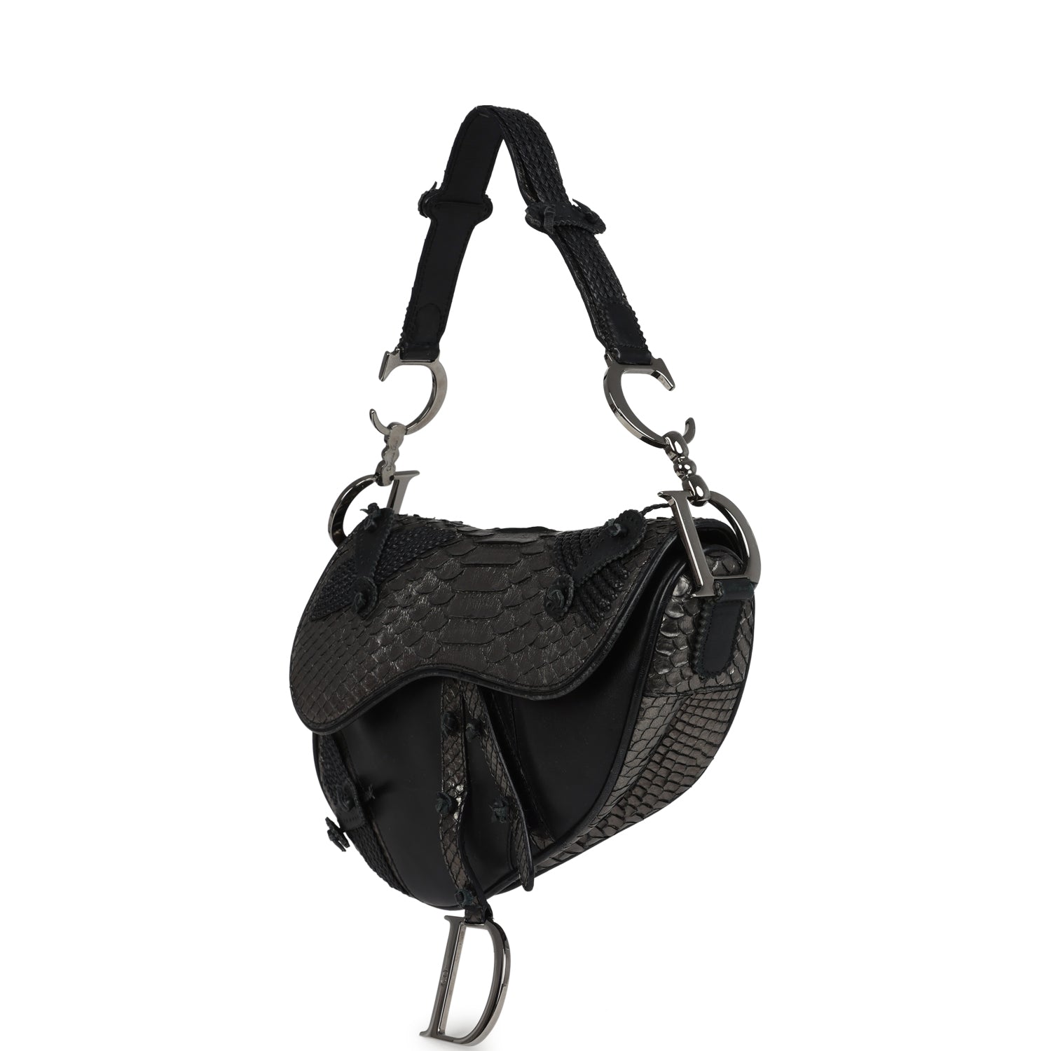 Vintage Christian Dior Saddle Bag Gunmetal Python and Black Leather Silver Hardware