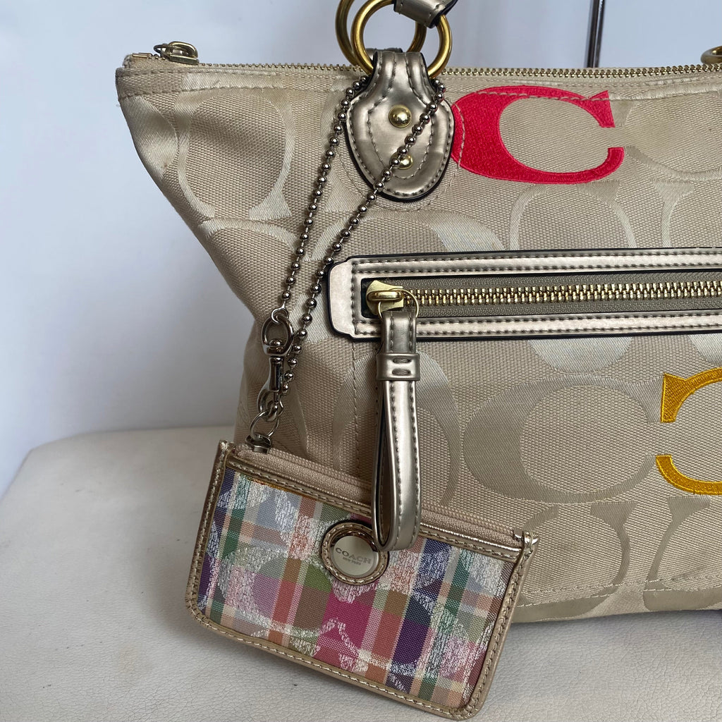 COACH #L1220-23521 Poppy Tote Shoulder Bag Embroidered C Tan Multicolor