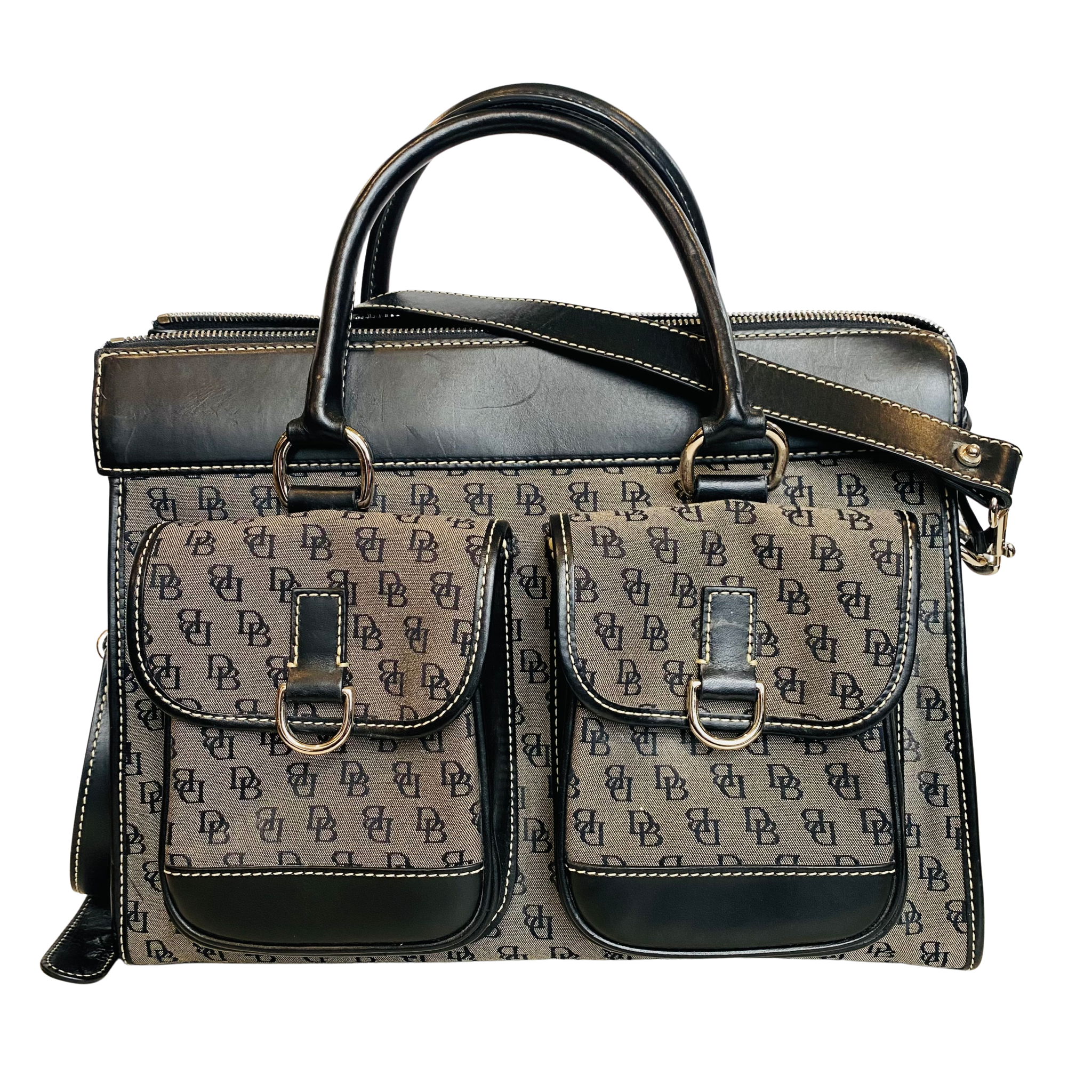 DOONEY & BOURKE Gray Canvas Black Leather Trim Signature Satchel Shoulder Bag Handbag
