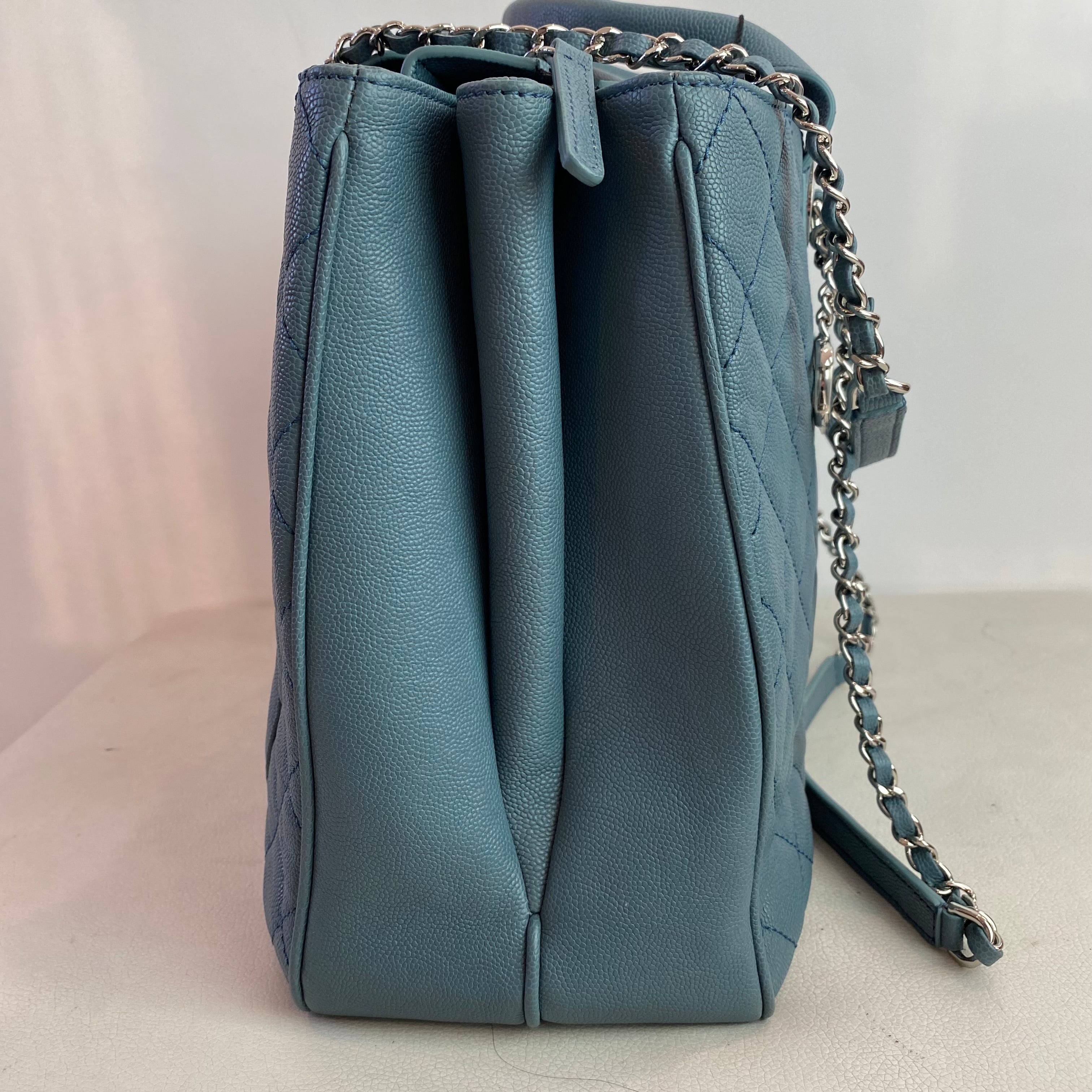 CHANEL Quilted Urban Companion Caviar Top Handle Tote Shoulder Bag Blue