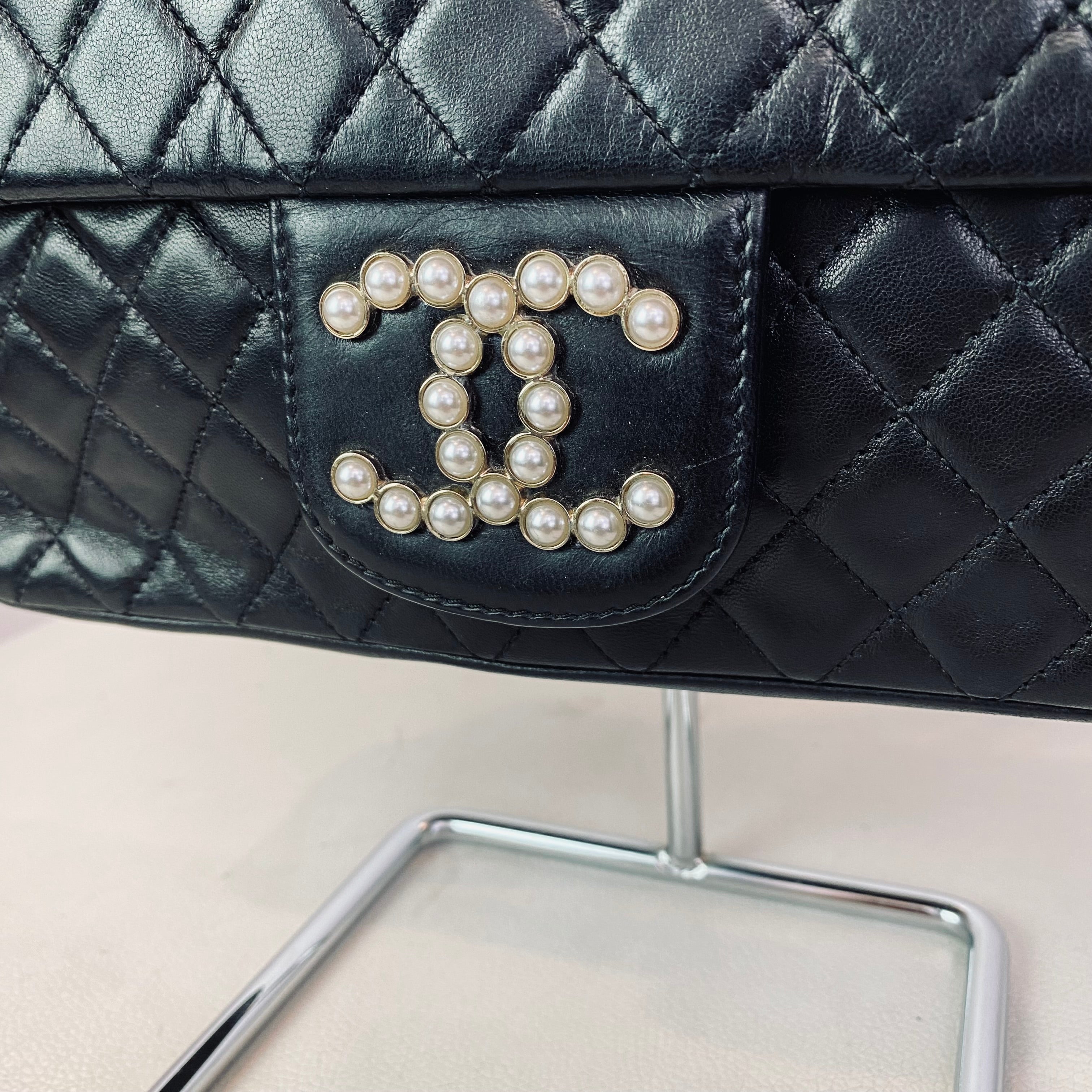 CHANEL Quilted Pearl CC Flap Shoulder Bag Black