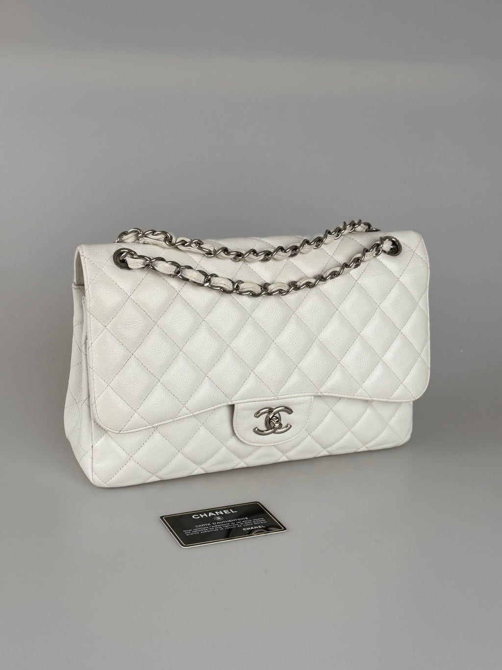 Chanel White Jumbo Classic Double Flap Bag in Caviar Leather with Silver Hardware