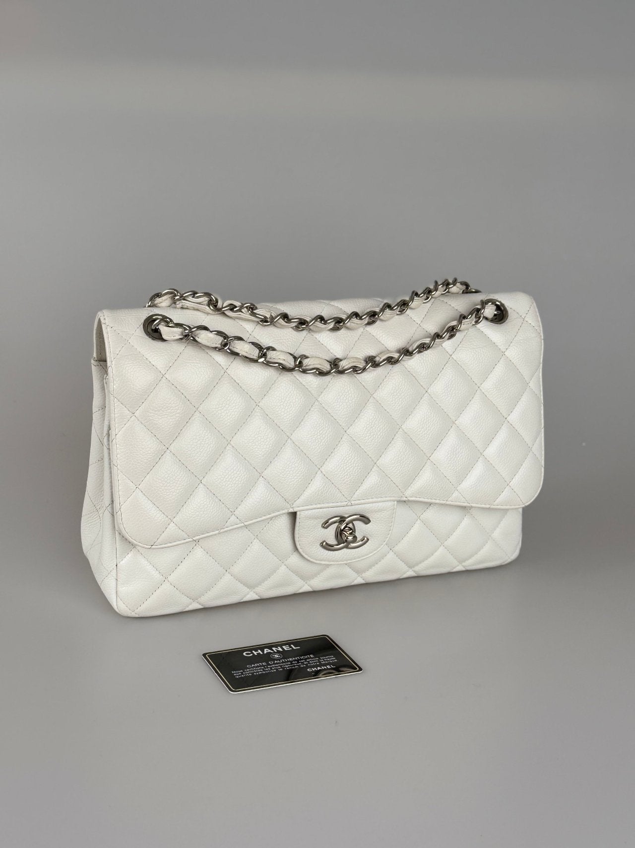 Chanel White Jumbo Classic Double Flap Bag in Caviar Leather with Silver Hardware