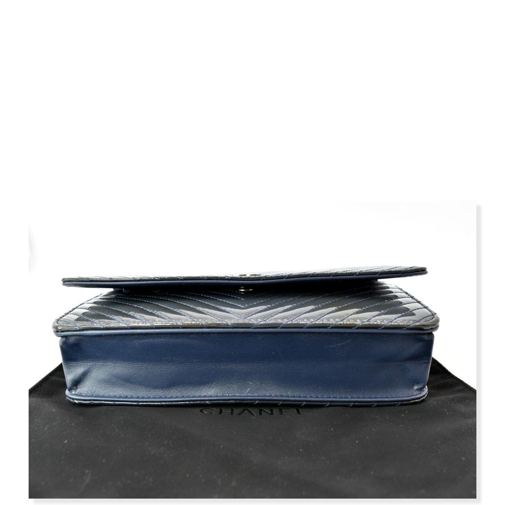 CHANEL WOC Chevron Patent Leather Crossbody Wallet On Chain Bag Blue