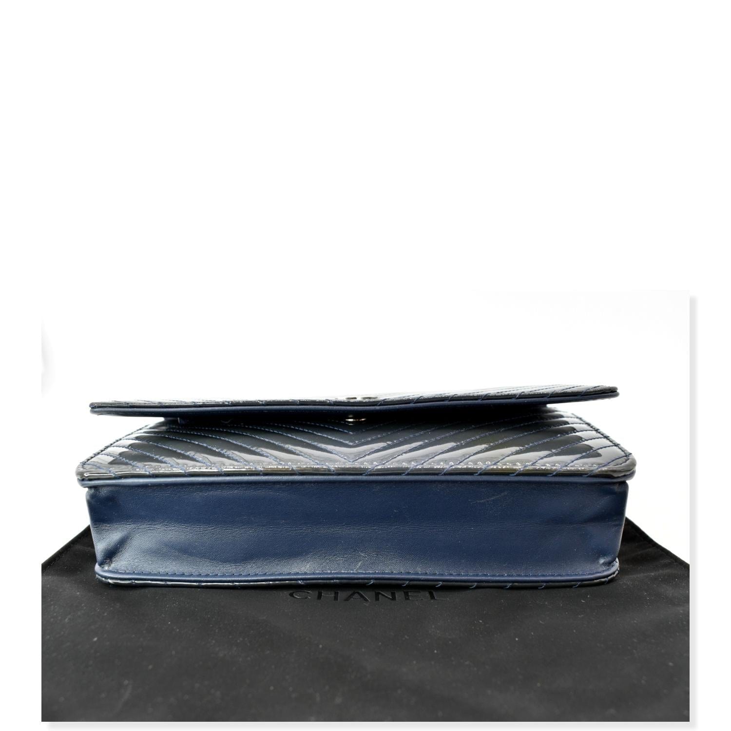 CHANEL WOC Chevron Patent Leather Crossbody Wallet On Chain Bag Blue