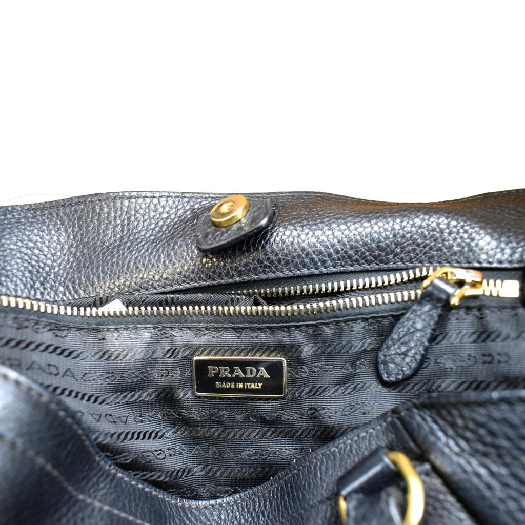 PRADA Vitello Daino Pebbled Leather Tote Bag Black