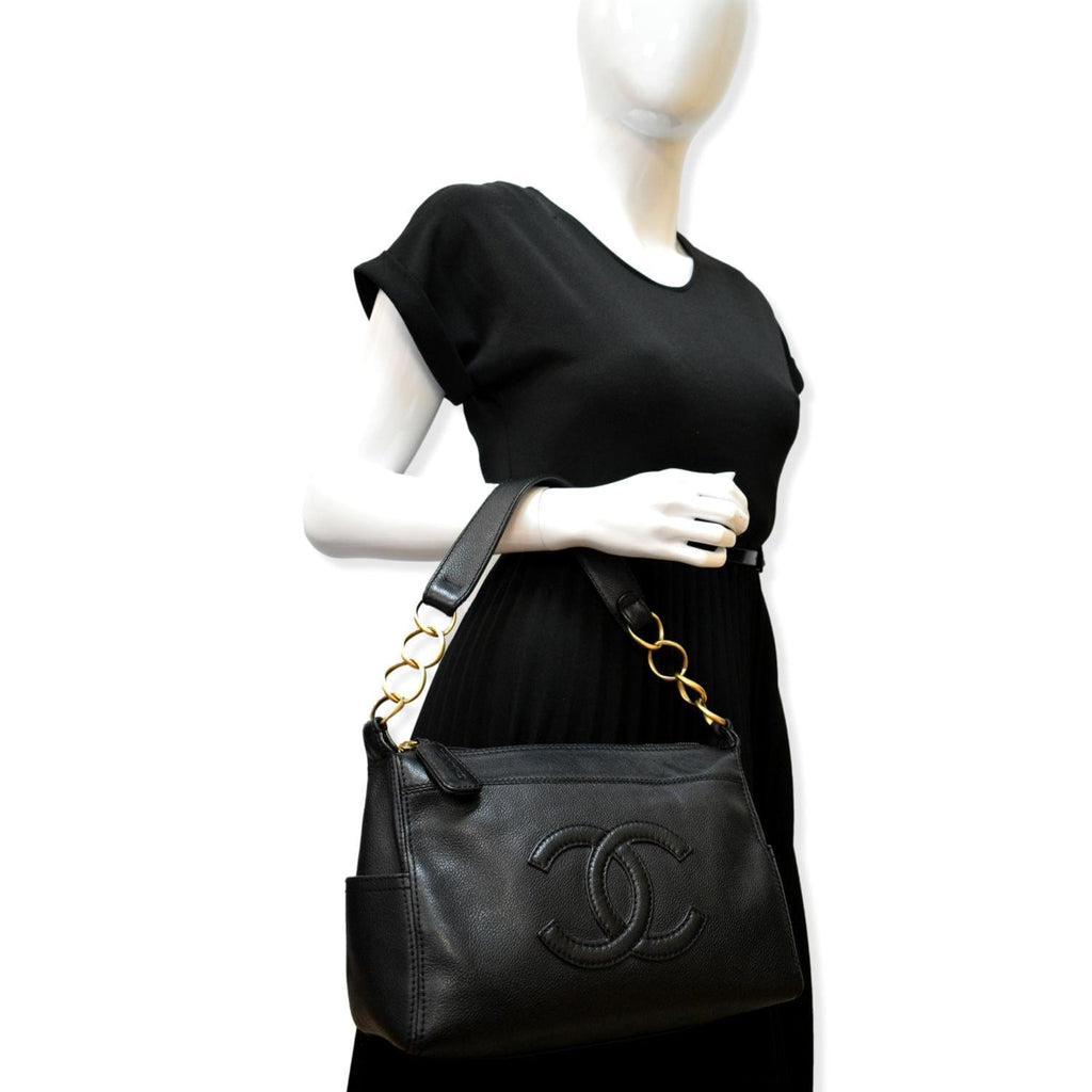 CHANEL CC Calfskin Leather Ring Chain Satchel Bag Black