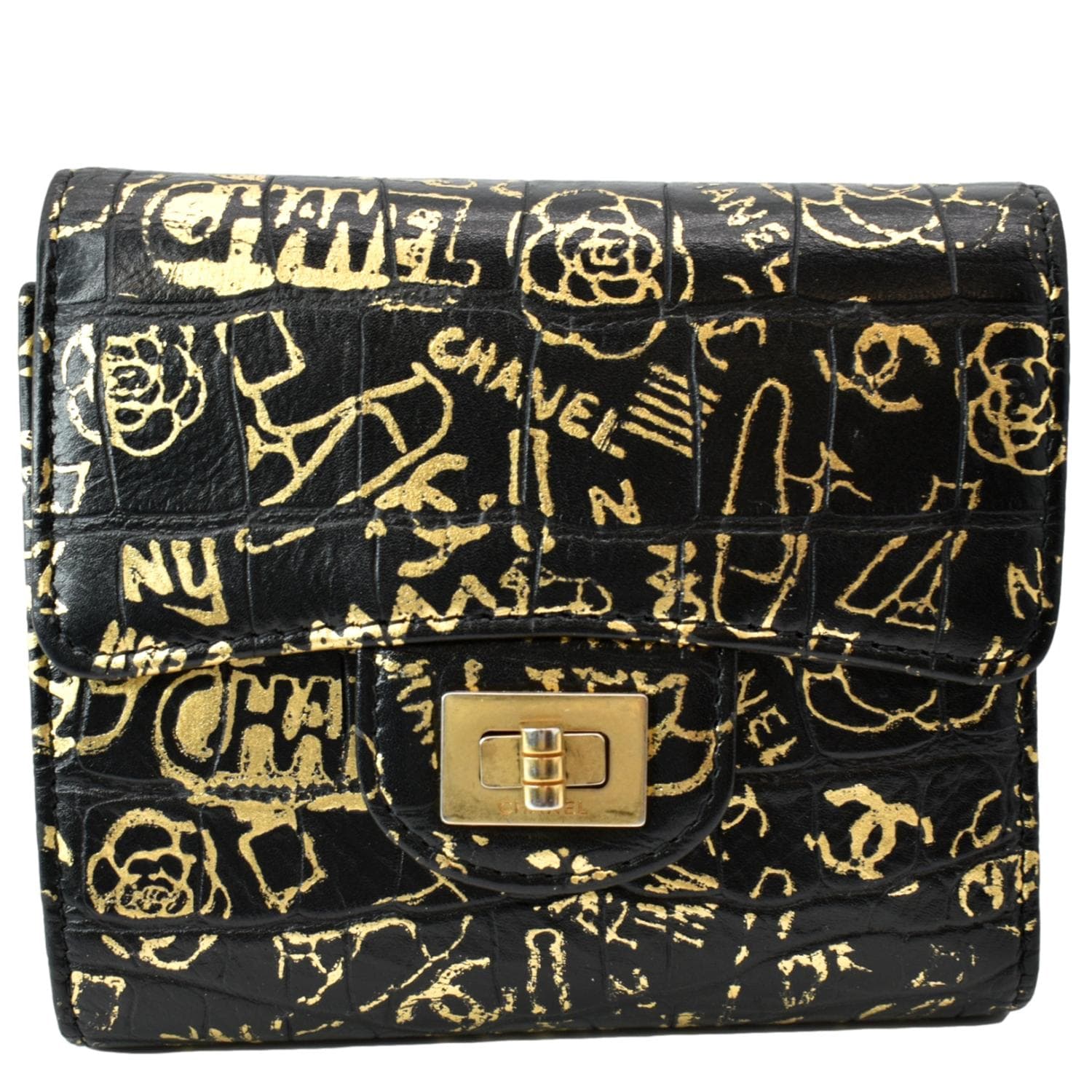 CHANEL Reissue Graffiti Crocodile Embossed Calfskin Leather Wallet Gold
