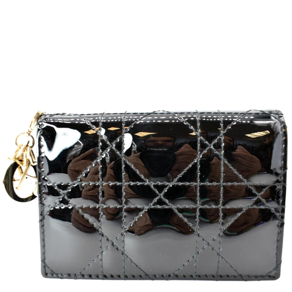 CHRISTIAN DIOR Mini Lady Dior Cannage Calfskin Leather Compact Wallet Black