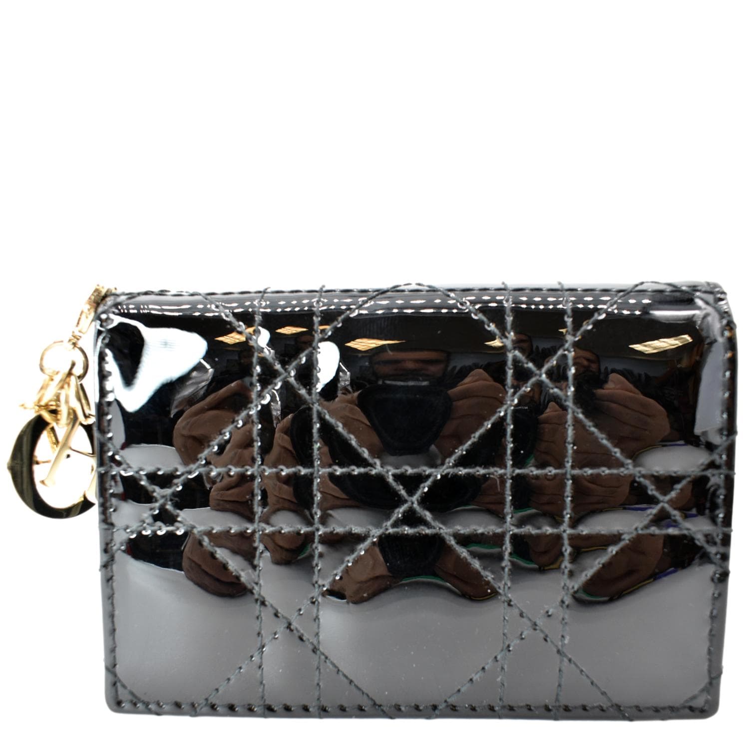 CHRISTIAN DIOR Mini Lady Dior Cannage Calfskin Leather Compact Wallet Black