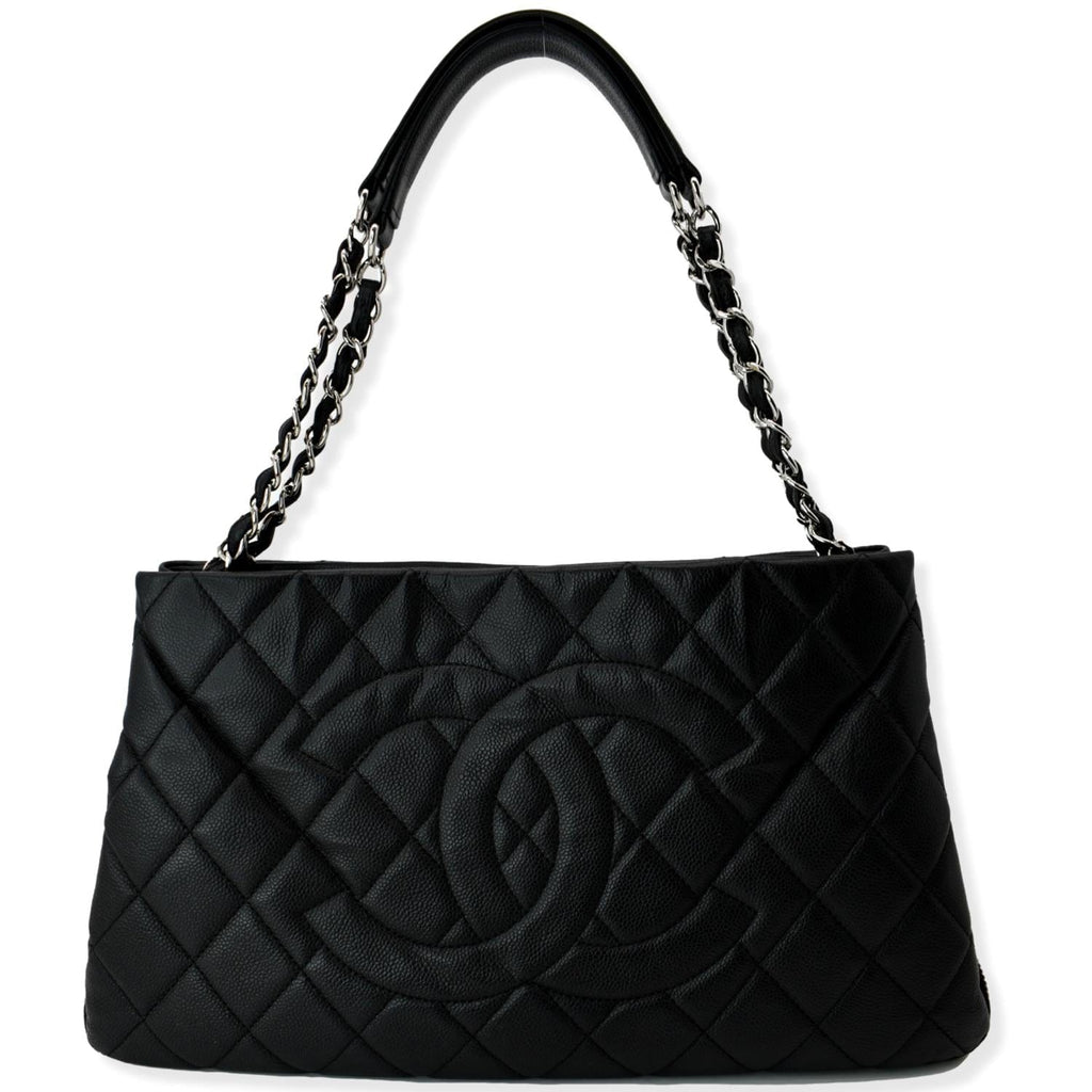 CHANEL Expandable Zip Around Caviar Quilted Tote Shoulder Bag Black