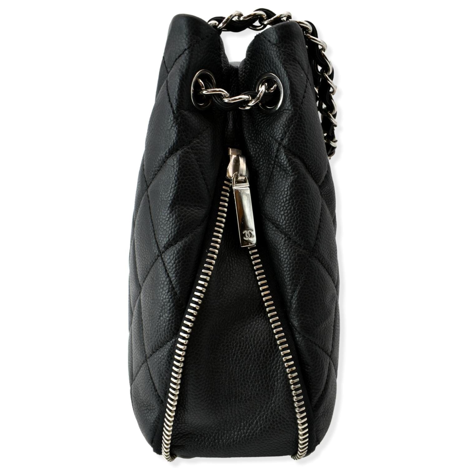 CHANEL Expandable Zip Around Caviar Quilted Tote Shoulder Bag Black