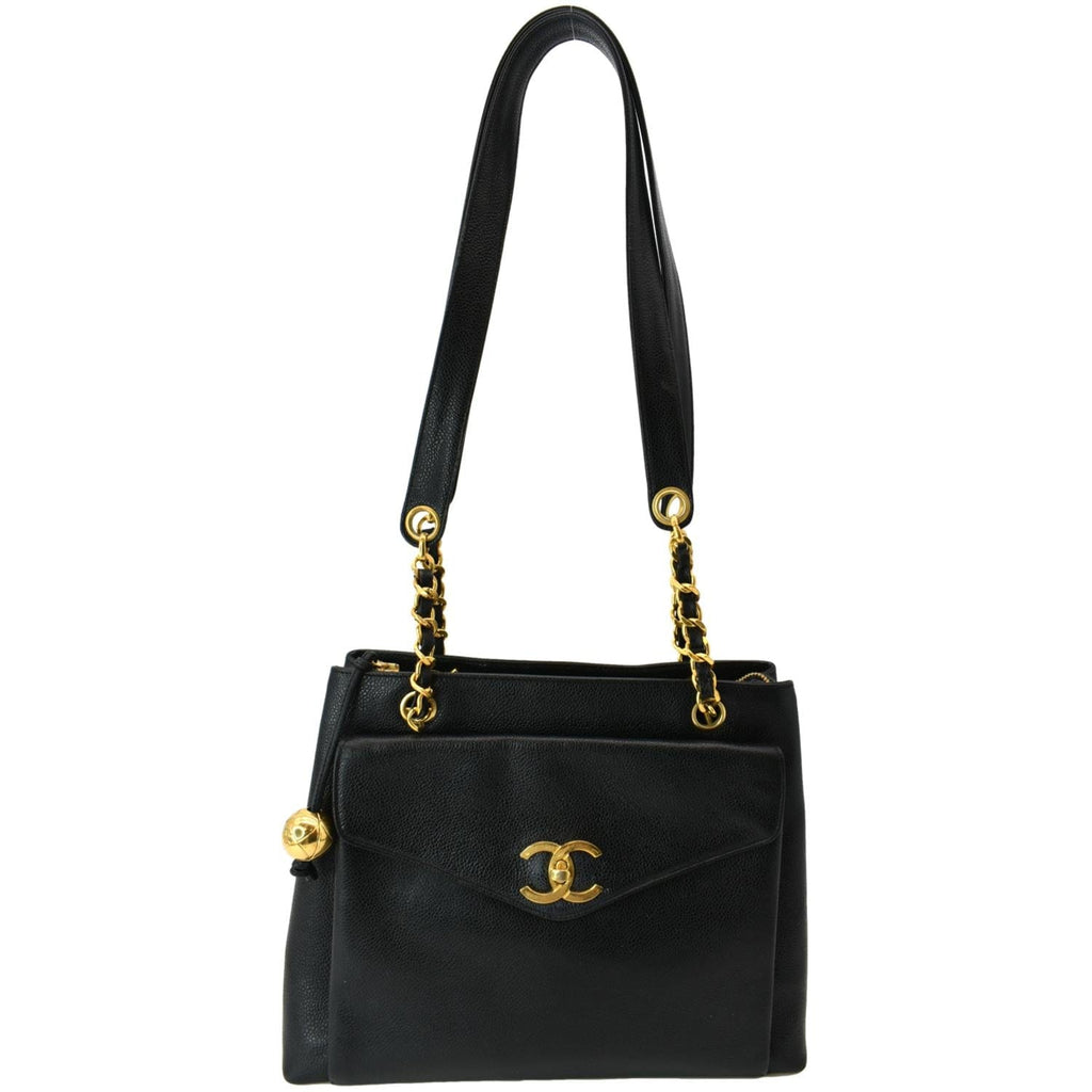 CHANEL Vintage Front Pocket Caviar Leather Shoulder Bag Black