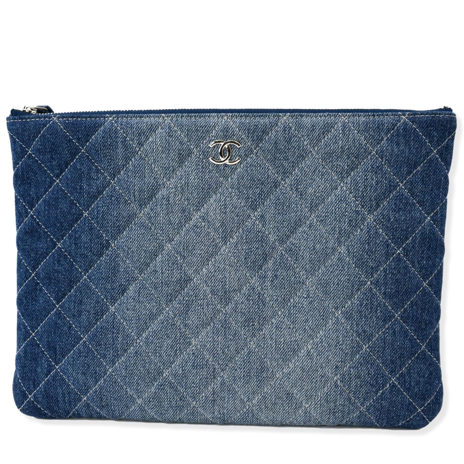 CHANEL Quilted Denim O Case Medium Pouch Blue