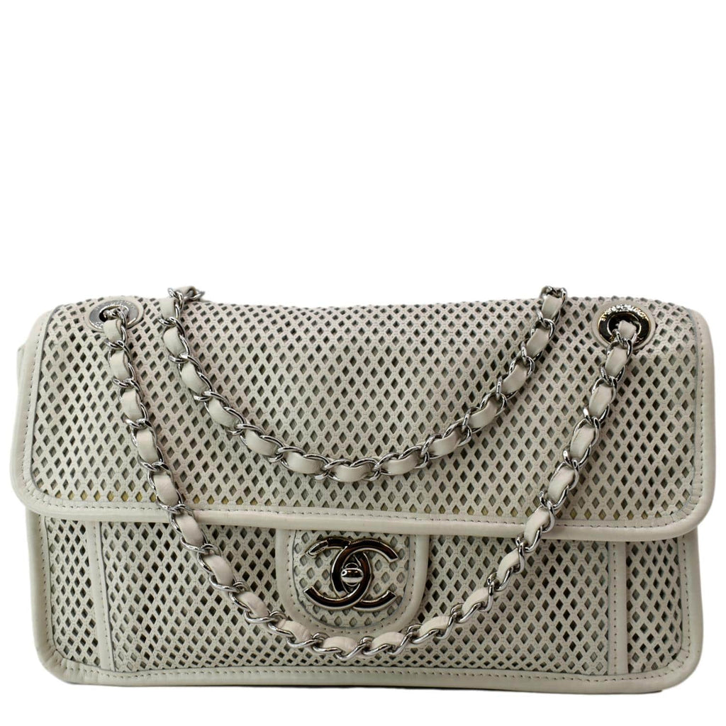 CHANEL Up in the Air Classic Flap Perforated Calfskin Shoulder Bag White