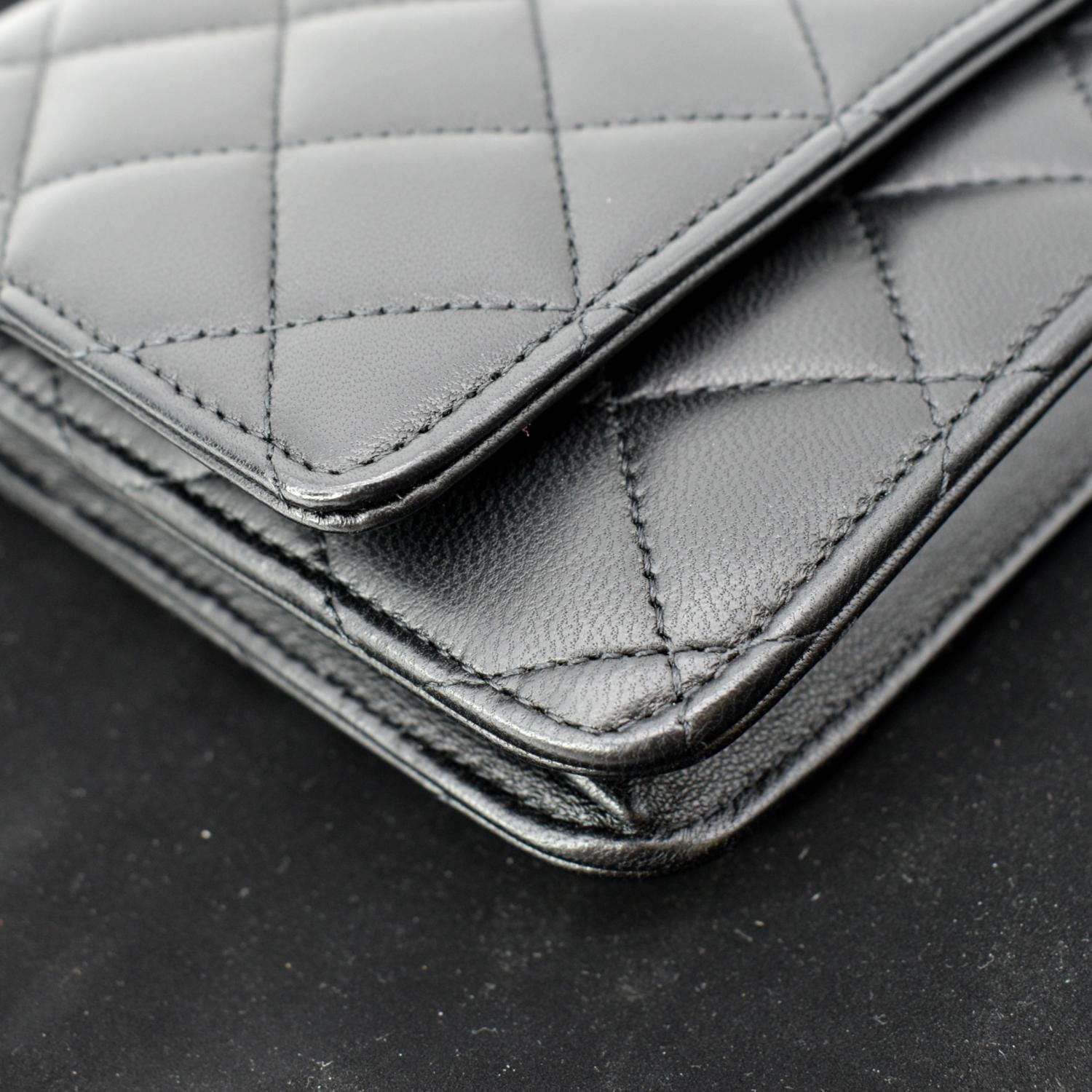 CHANEL Wallet On Chain Lambskin Leather WOC Crossbody Bag Black