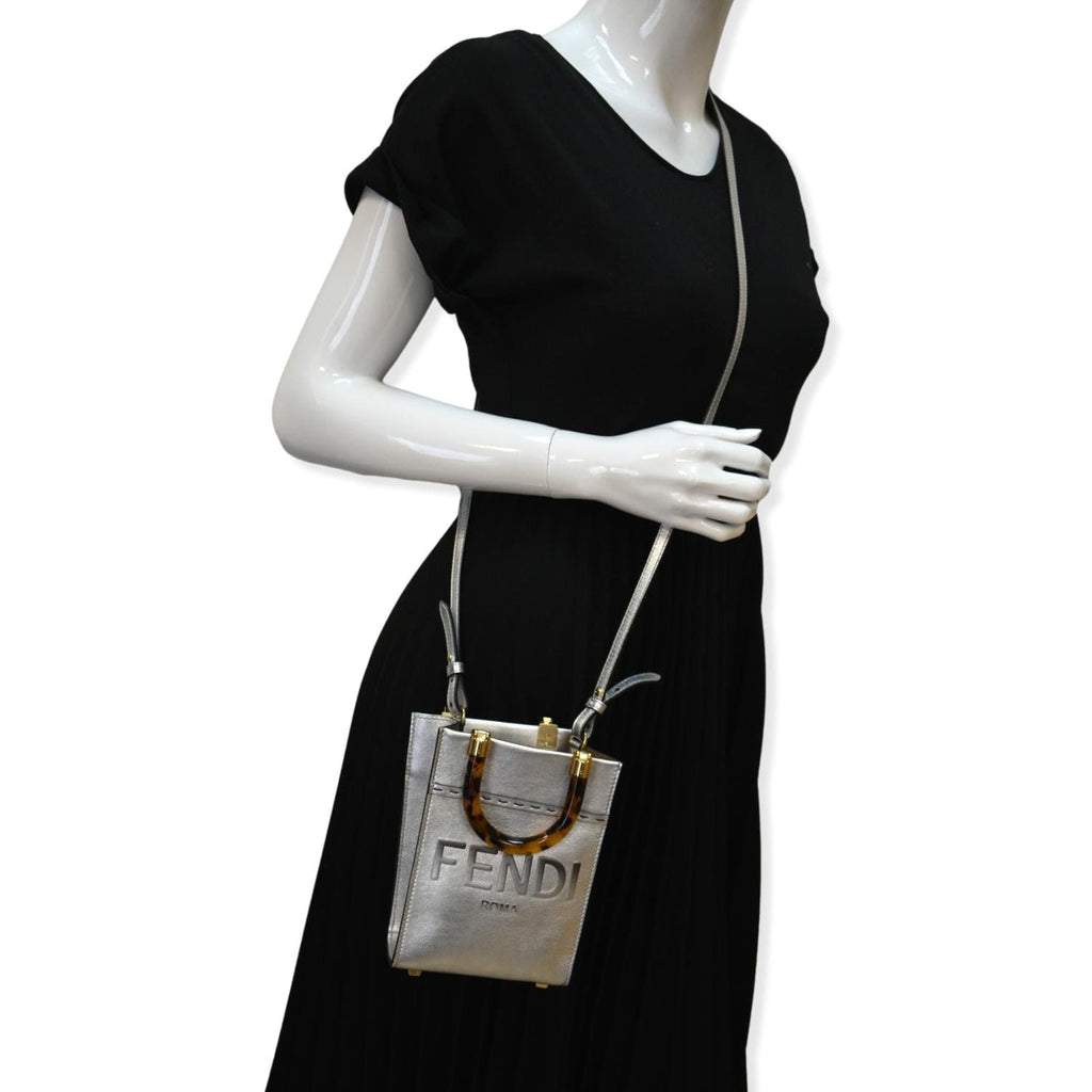 FENDI Mini Sunshine Plexiglass Laminated Leather Shopper Tote Crossbody Bag Silver - Hot Deals