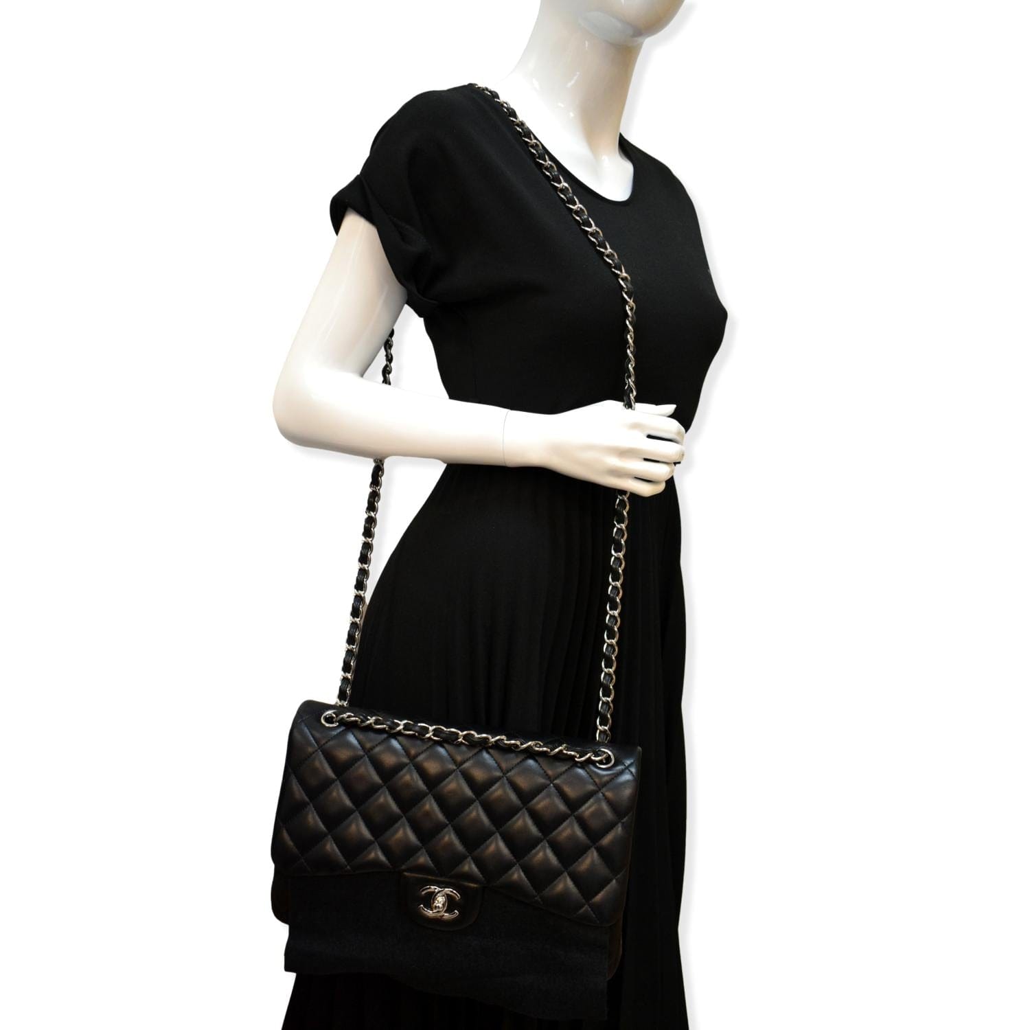 CHANEL Classic Jumbo Double Flap Lambskin Leather Shoulder Bag Black