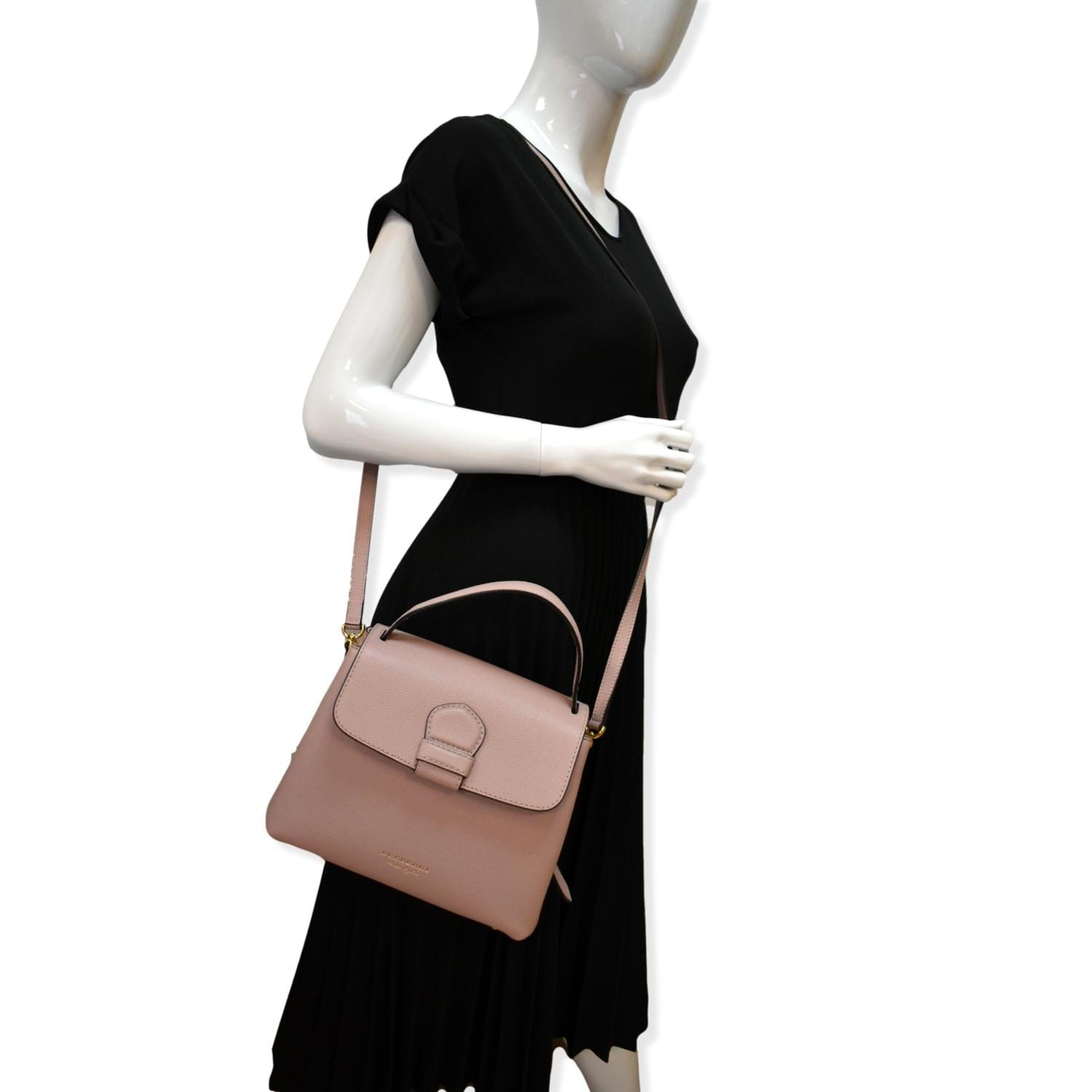 BURBERRY Banner Derby Small House Check Leather Tote Shoulder Bag Dusty Pink