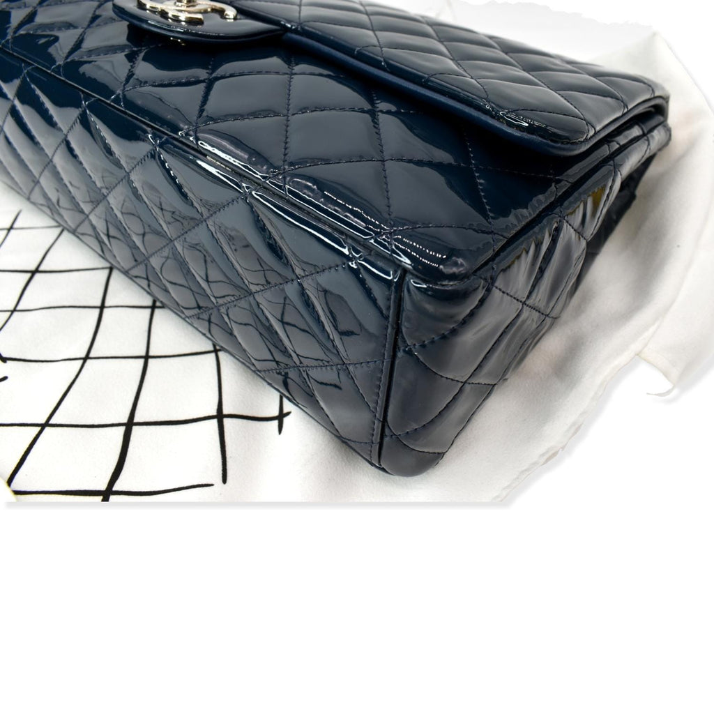 CHANEL Classic Maxi Double Flap Quilted Patent Leather Shoulder Bag Marine