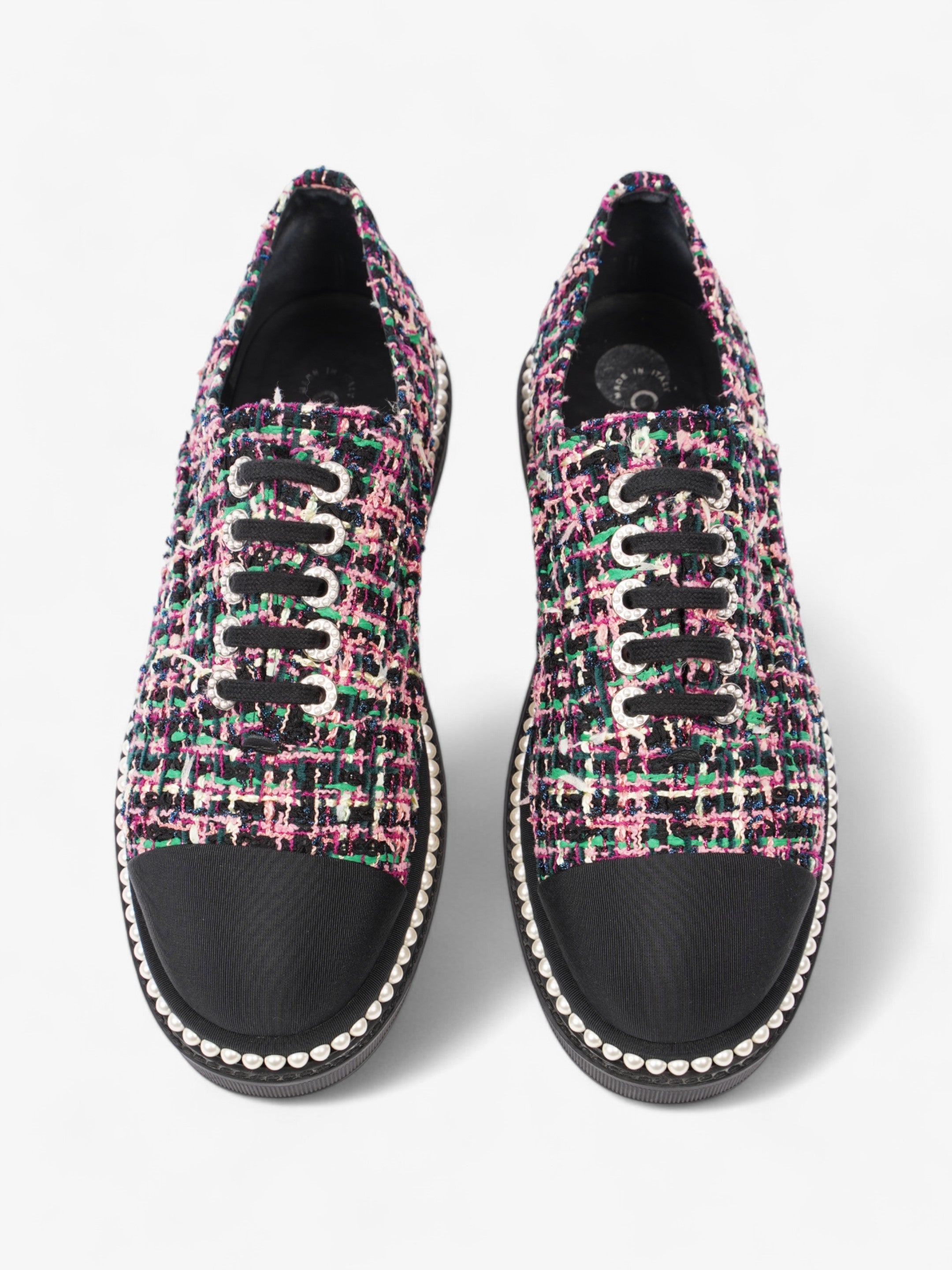 Chanel Tweed Faux Pearl Lace Up Multicolour  / Black Tweed EU 39.5 UK 6.5