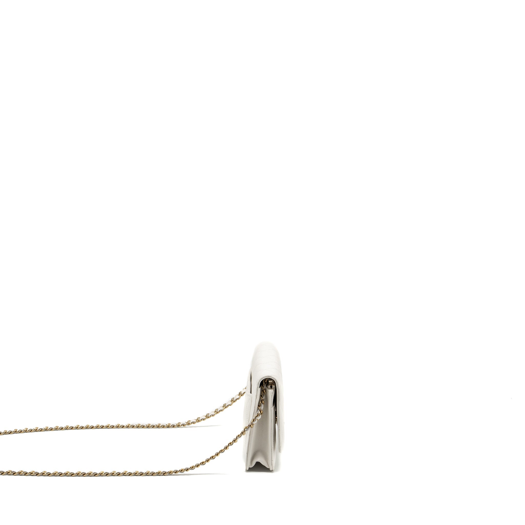 Chanel Detail Crystal CC Logo Wallet On Chain Caviar White L(Microchip)