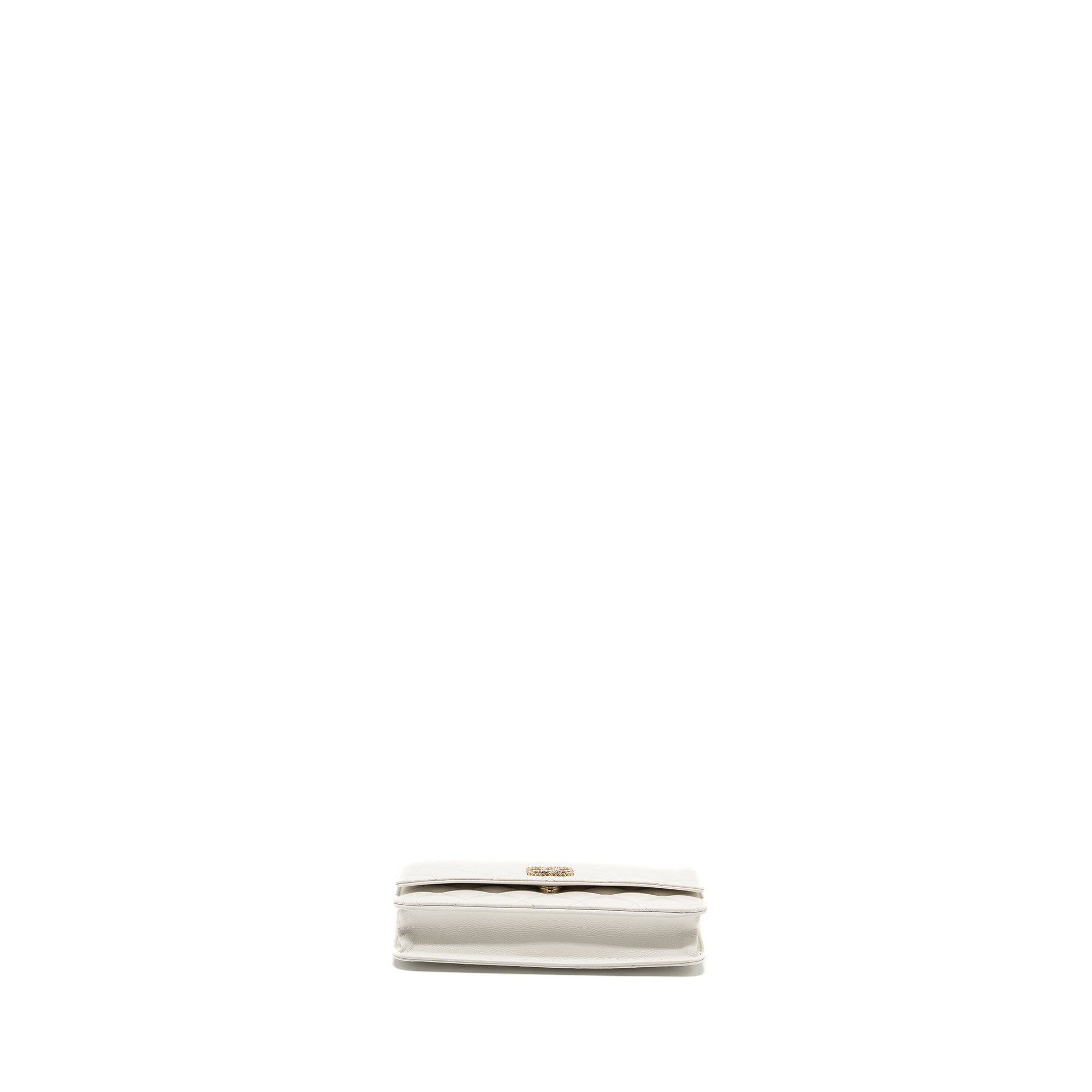 Chanel Detail Crystal CC Logo Wallet On Chain Caviar White L(Microchip)