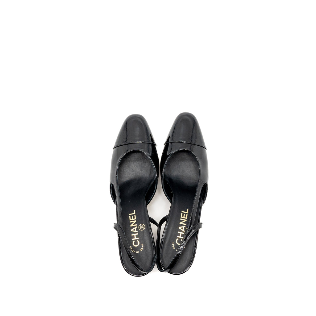 Chanel 22k Size 37.5 SlingBacks Patent/Calfskin Black L