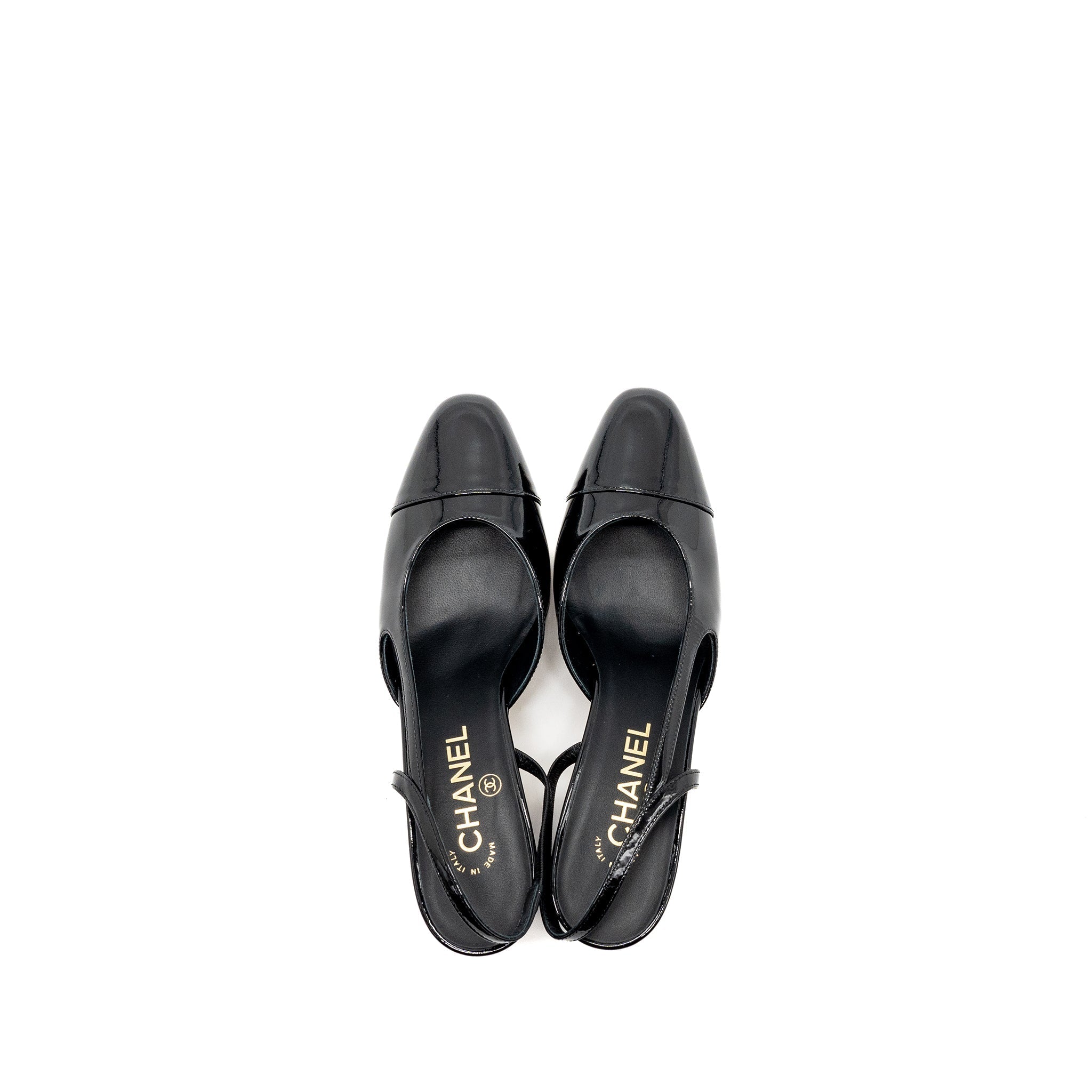 Chanel 22k Size 37.5 SlingBacks Patent/Calfskin Black L