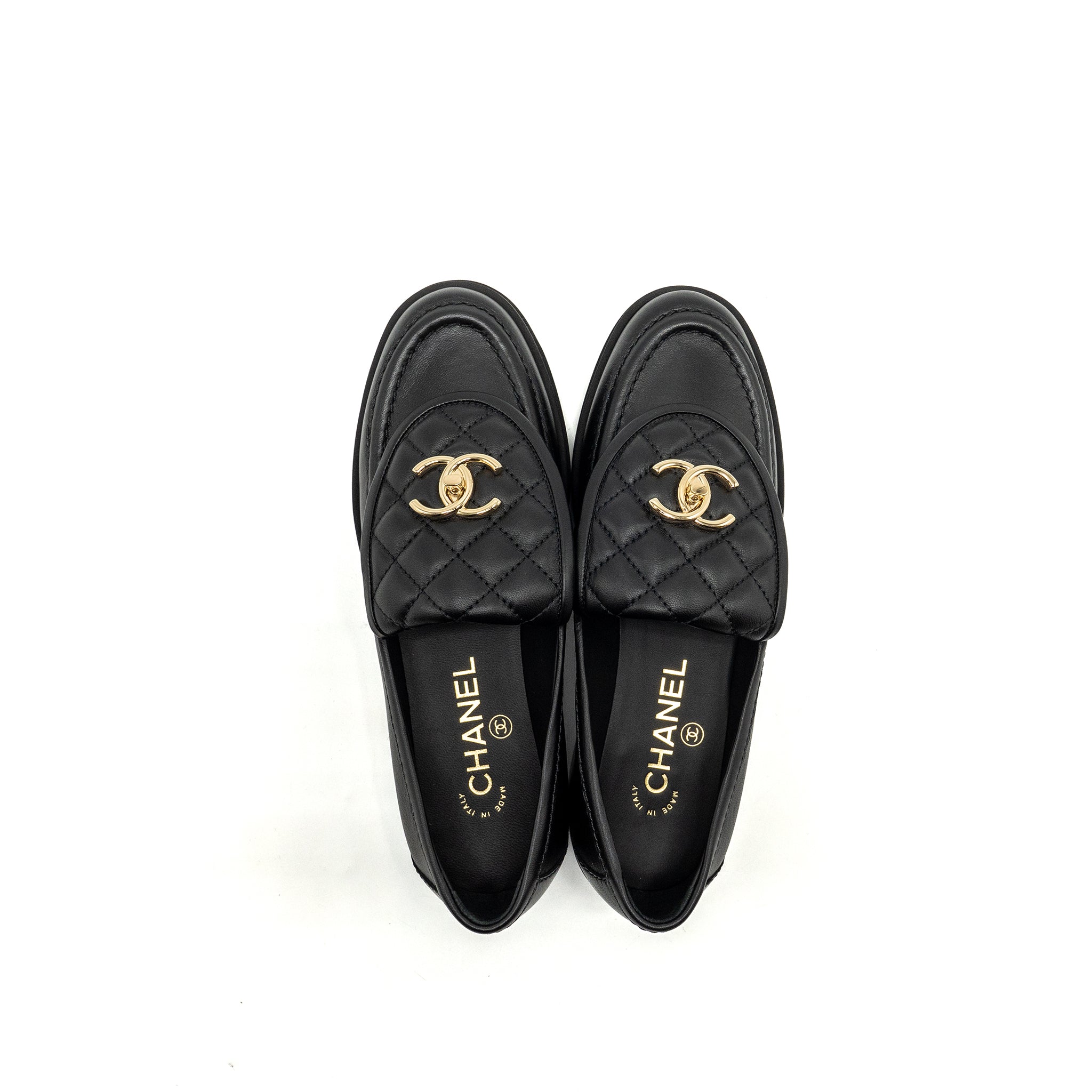 Chanel Size 37 CC Turnlock Loafers Quilted Leather Black L