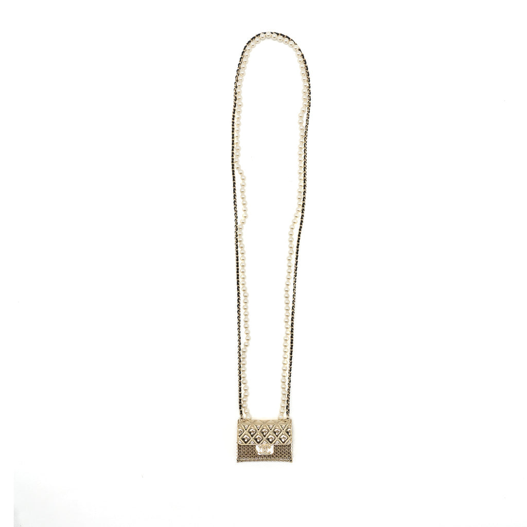 Chanel Micro Bag Necklace Pearl/ Leather Chain L