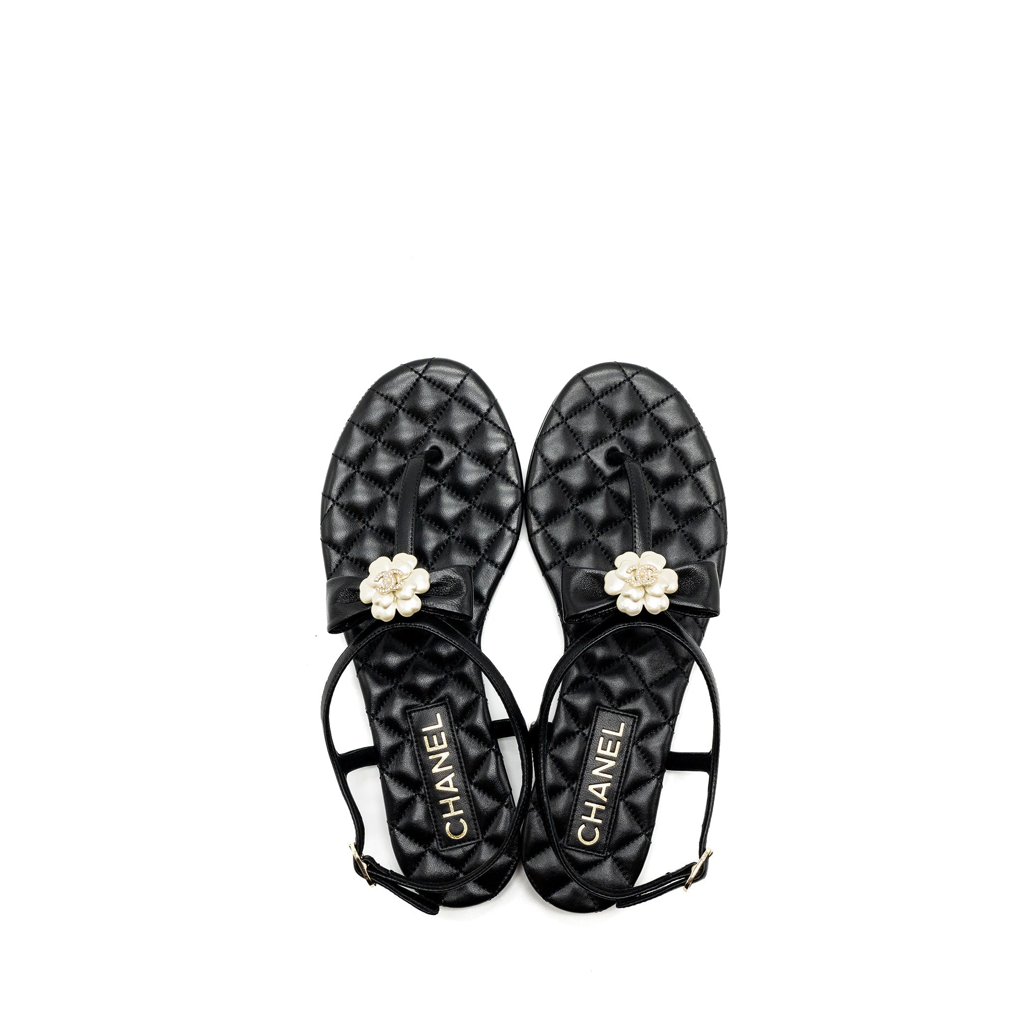 Chanel size 38 camellia leather Sandals black L