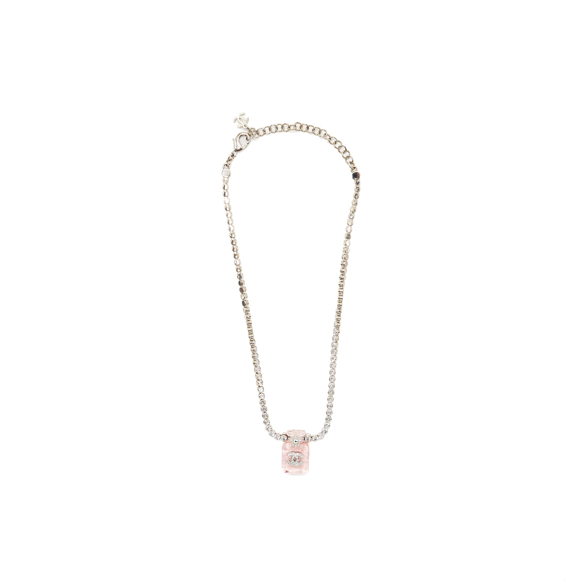 Chanel Perfume Bottle Necklace Crystal Silver Tone