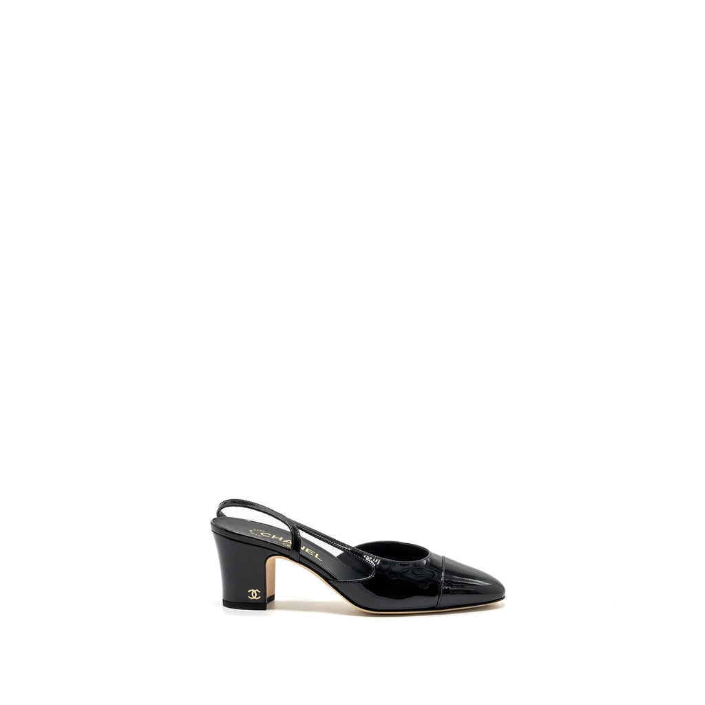 Chanel 22k Size 37.5 SlingBacks Patent/Calfskin Black L