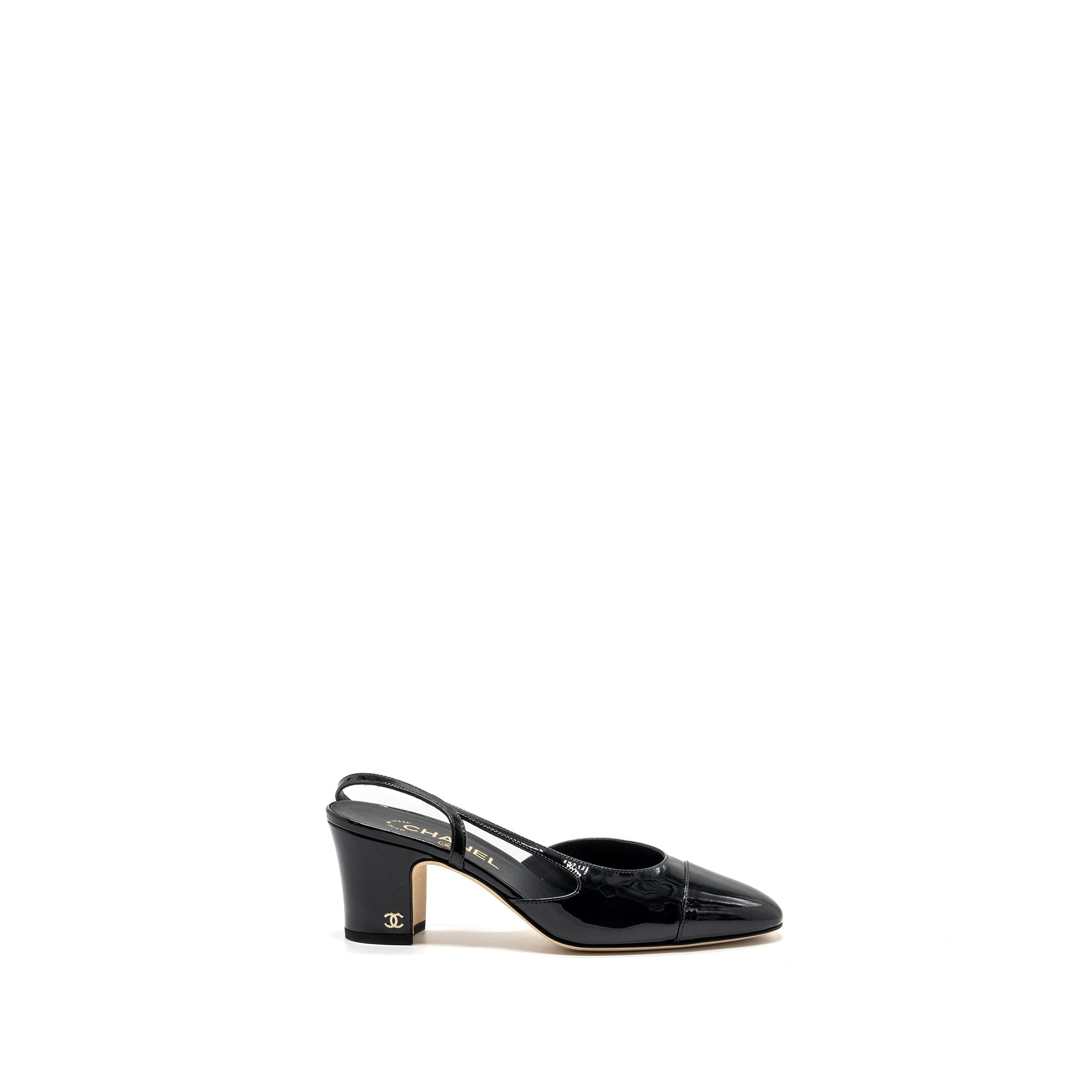 Chanel 22k Size 37.5 SlingBacks Patent/Calfskin Black L