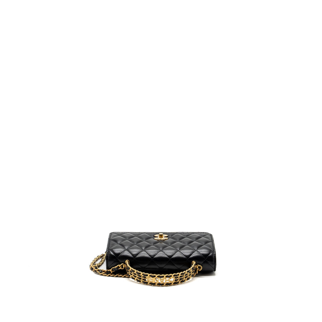 Chanel letter logo top handle flap wallet on chain shiny calfskin black  (microchip)