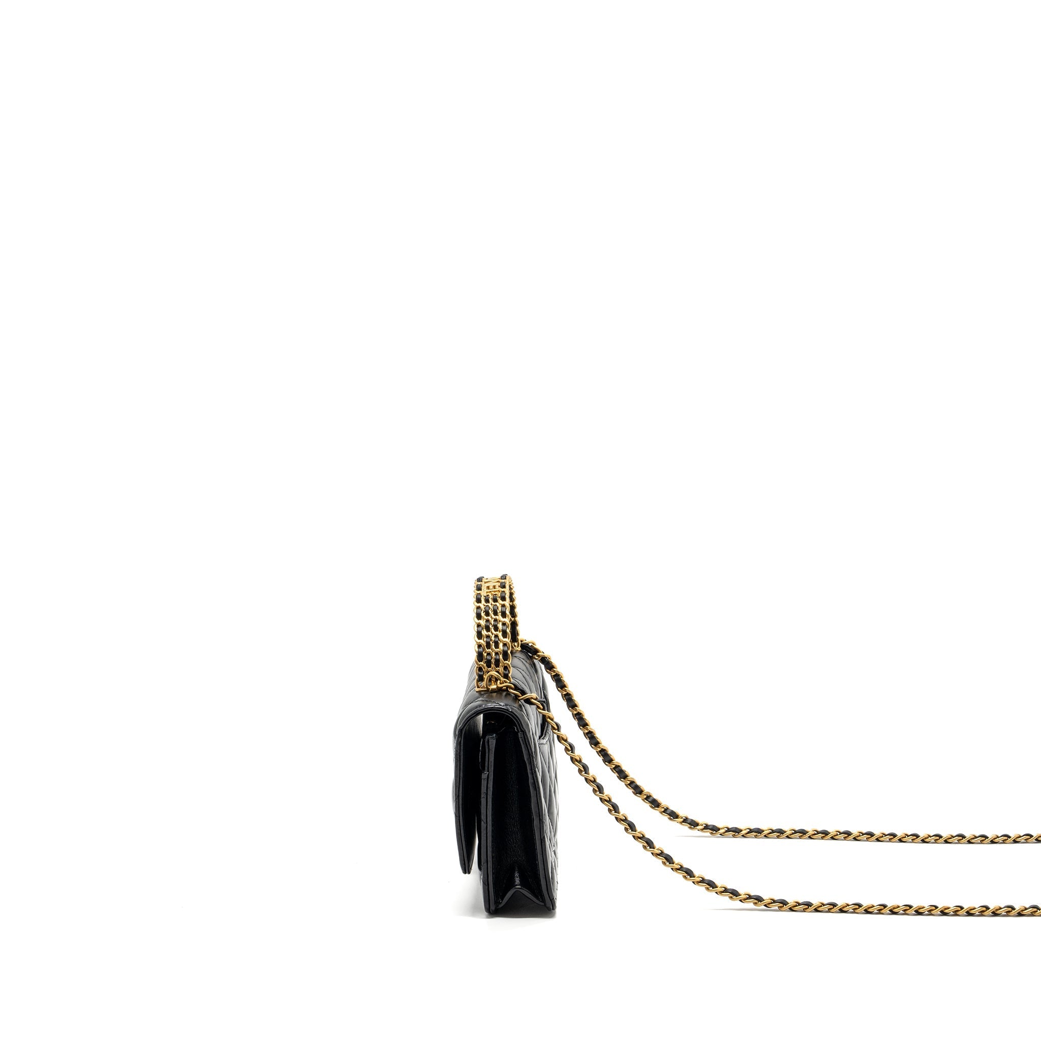 Chanel letter logo top handle flap wallet on chain shiny calfskin black  (microchip)