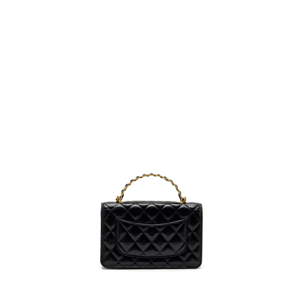 Chanel letter logo top handle flap wallet on chain shiny calfskin black  (microchip)