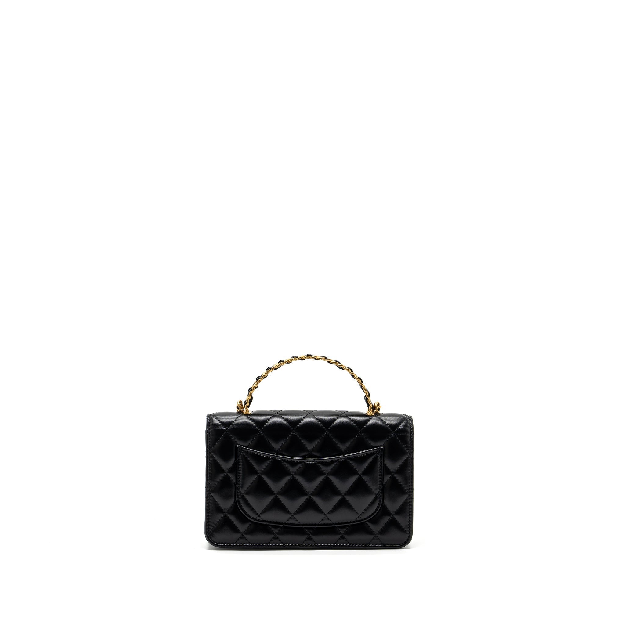 Chanel letter logo top handle flap wallet on chain shiny calfskin black  (microchip)