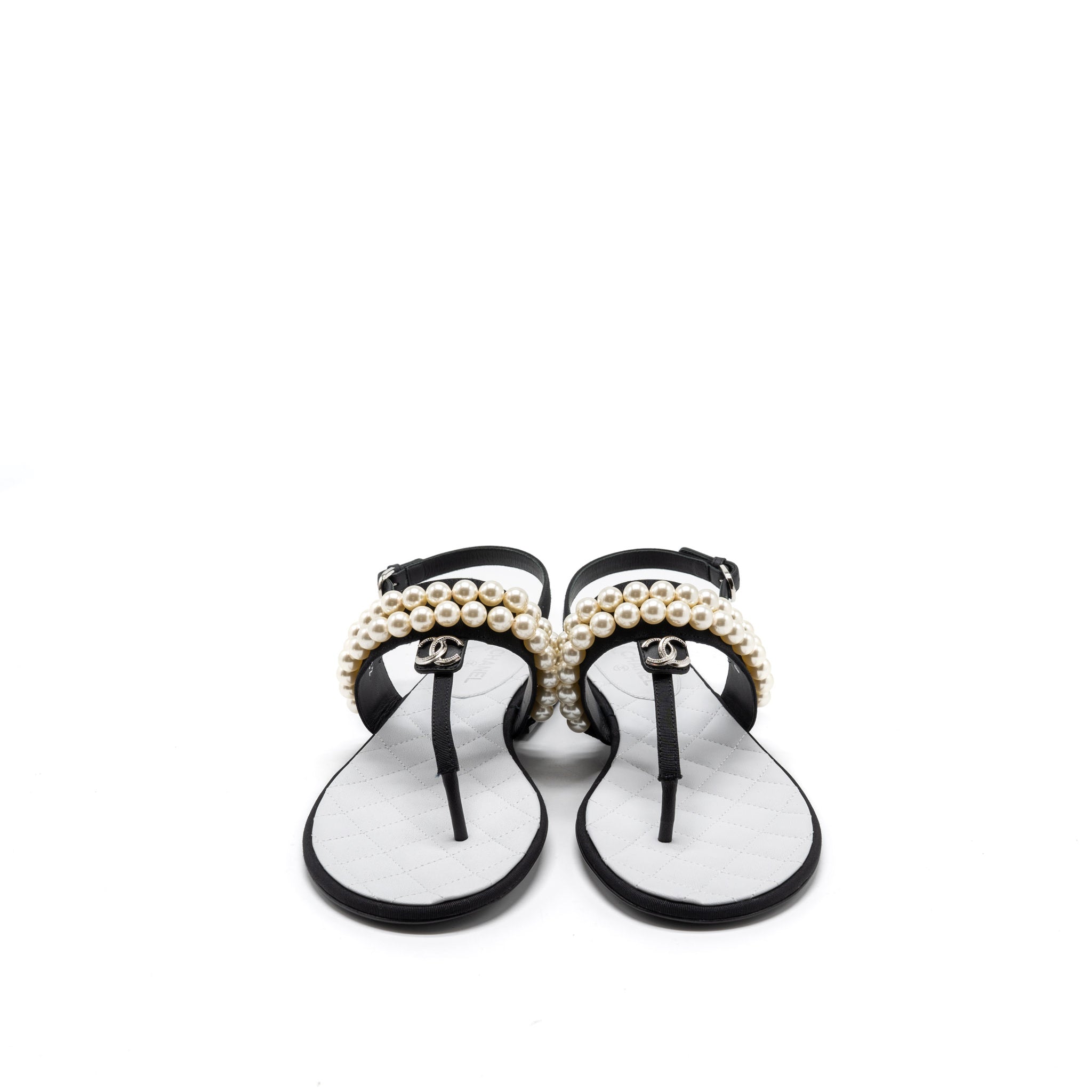 Chanel 22B Size 36 Flip Flops Sandals Pearl Leather/Fabric Black