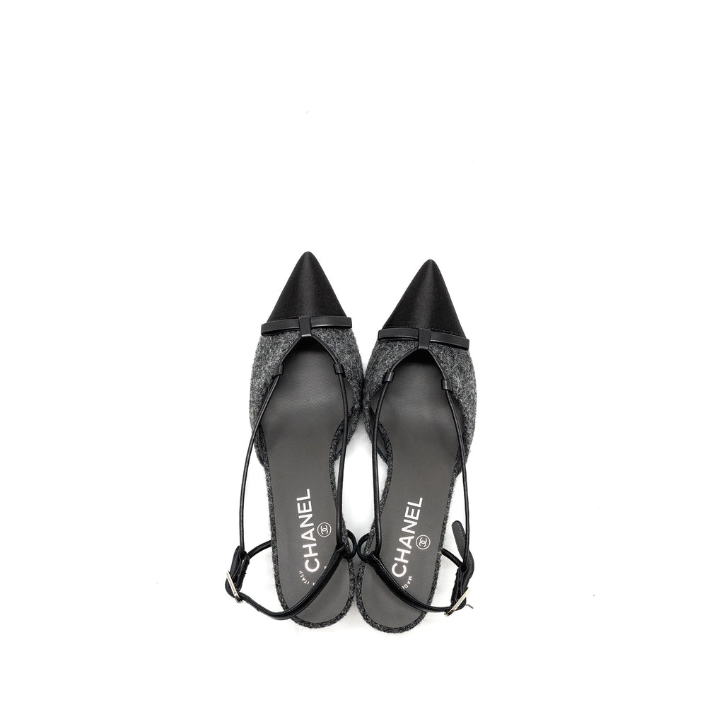 Chanel Size 37.5 Cap Toe CC Slingback Pumps Tweed Grey/Black