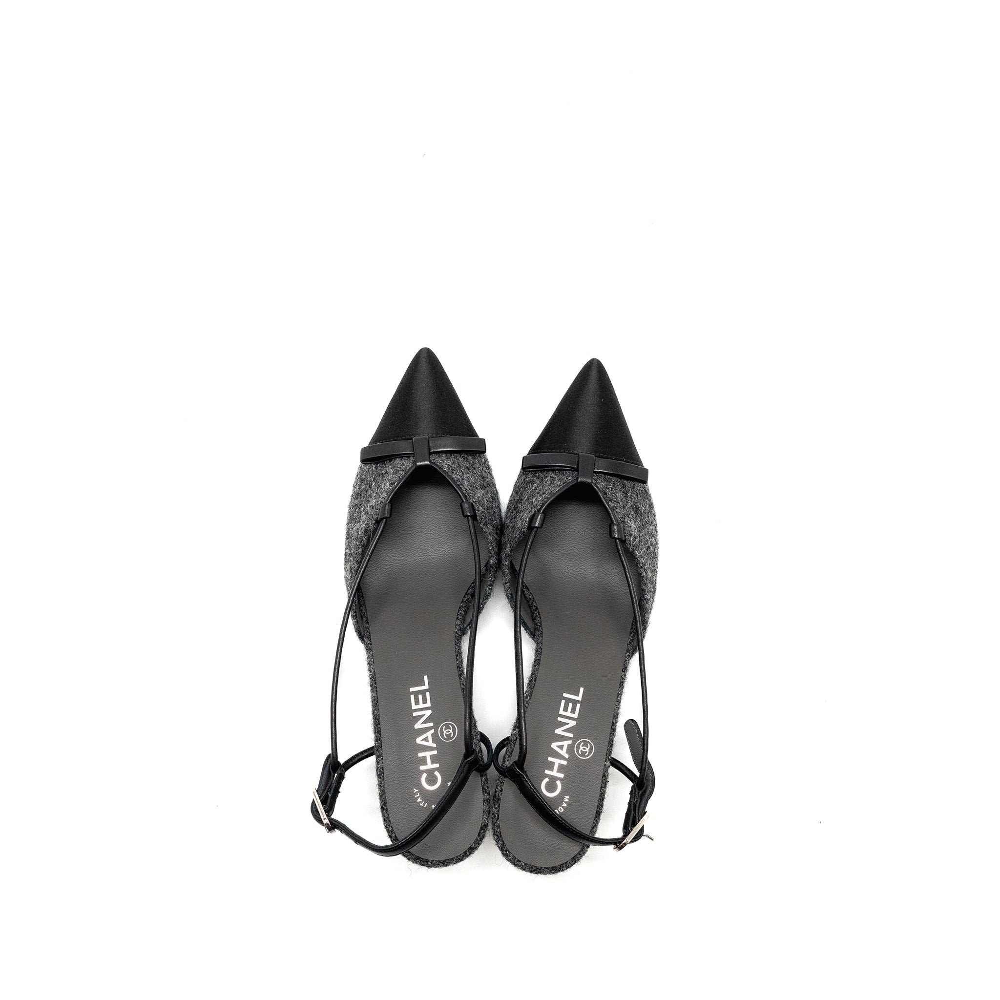 Chanel Size 37.5 Cap Toe CC Slingback Pumps Tweed Grey/Black