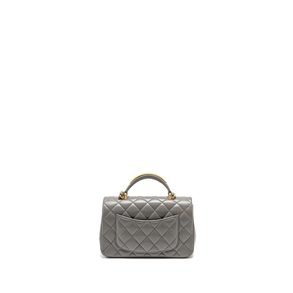 Chanel 22k Metal Top Handle Mini Rectangular Flap Bag Lambskin Grey  (microchip)