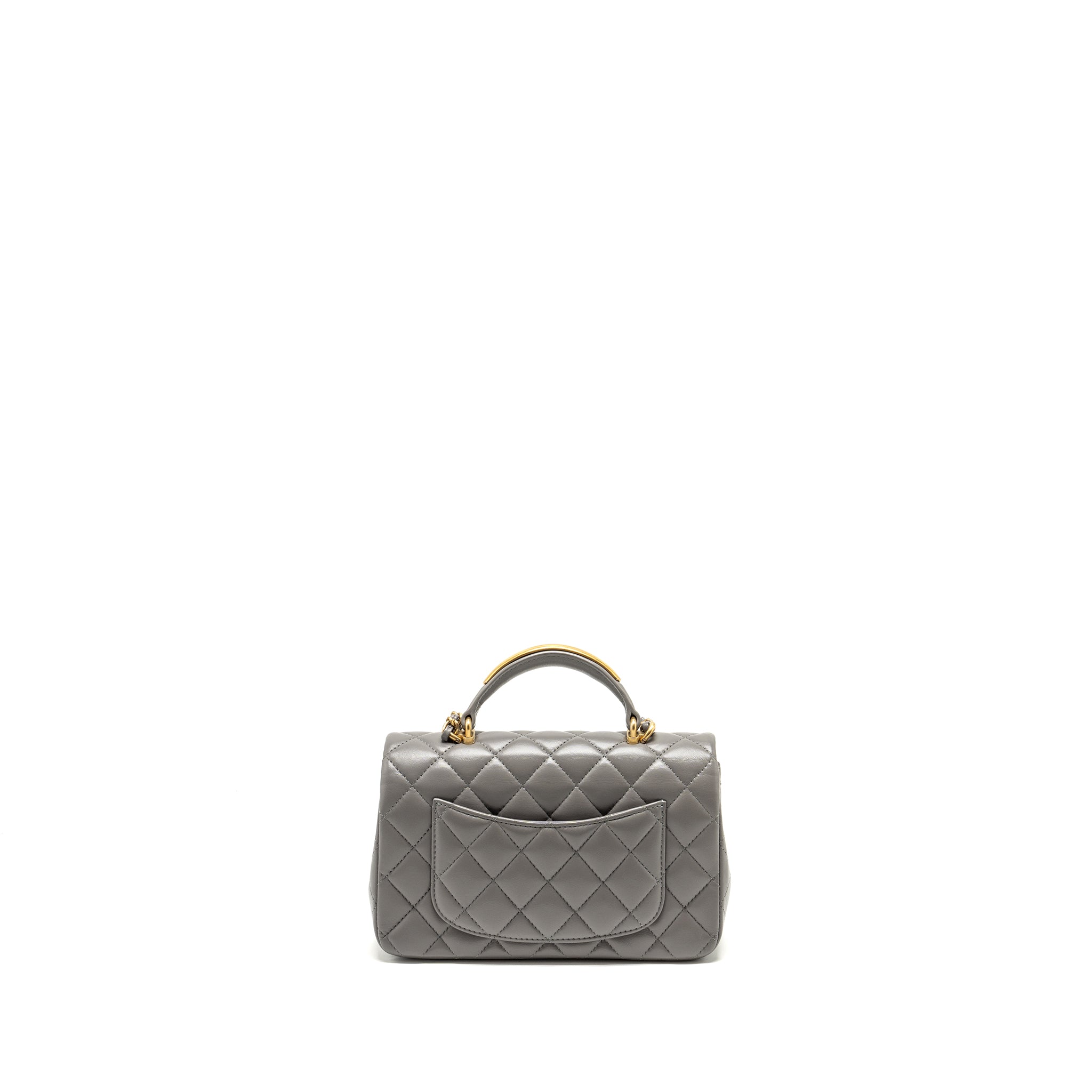 Chanel 22k Metal Top Handle Mini Rectangular Flap Bag Lambskin Grey  (microchip)