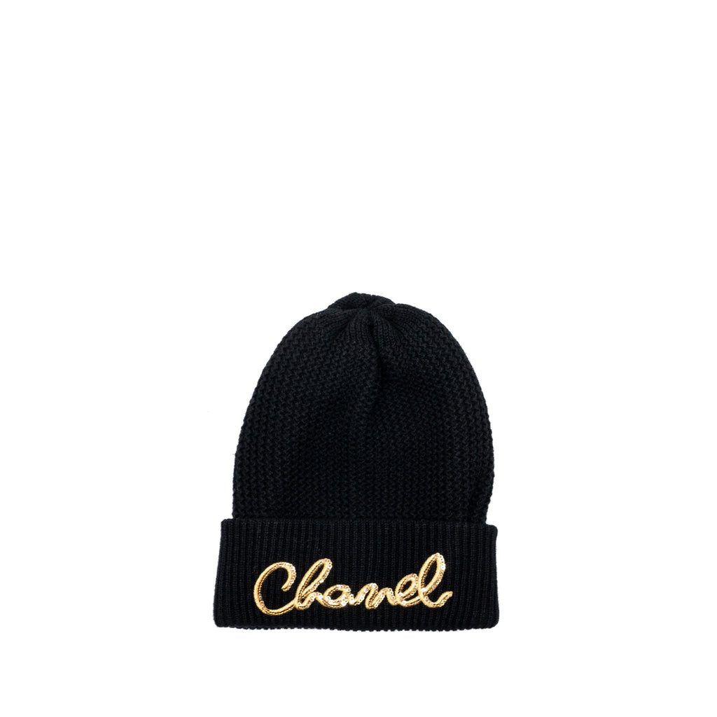 Chanel Beanie with Gold Letters Cashmere Black