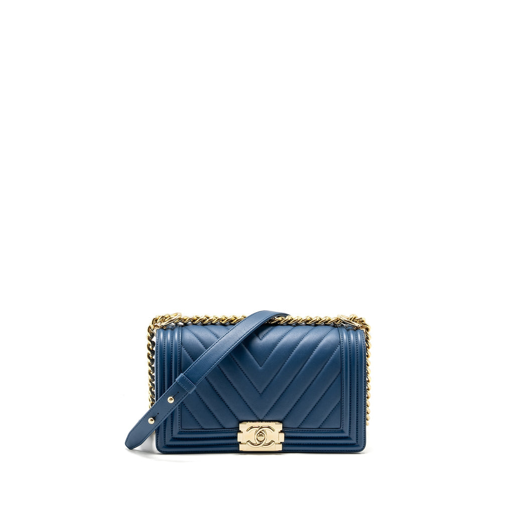 Chanel Medium Chevron Boy Bag Calfskin Blue