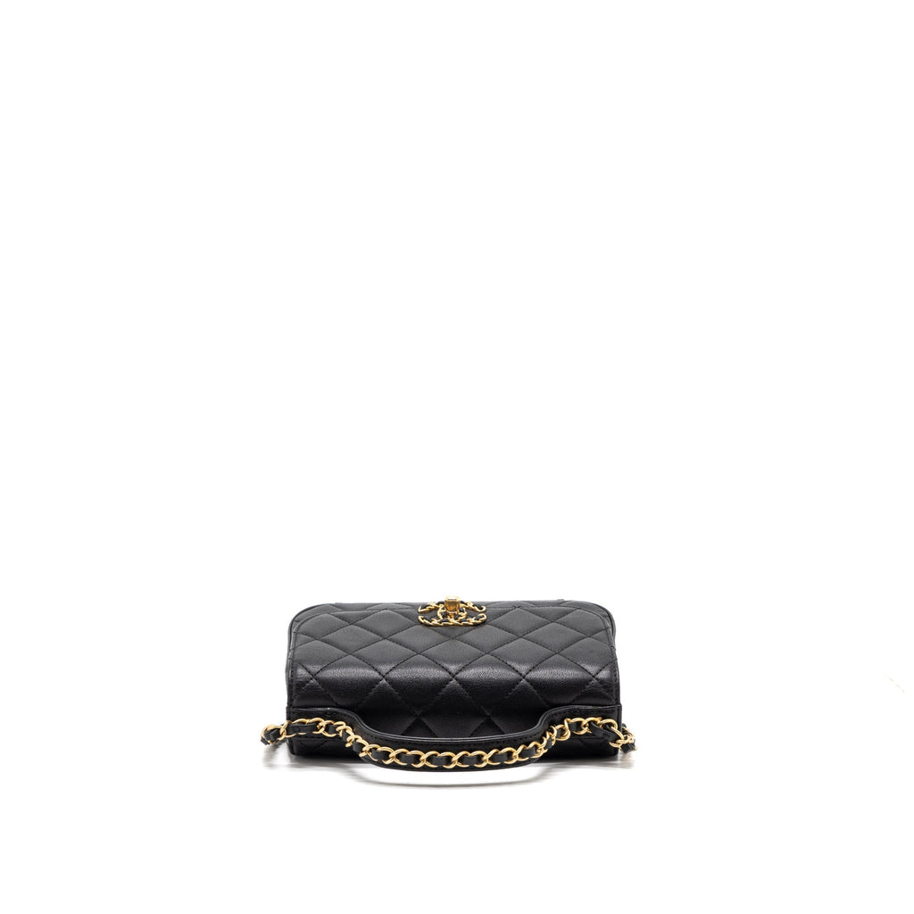 Chanel Top Handle Flap Bag Detailed Logo Goatskin Black